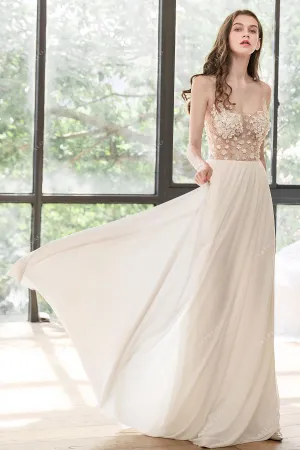 Boho Illusion Blooming Slim Chiffon Floor Length Beach Wedding Dress