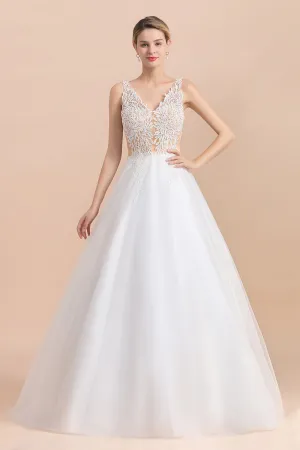 Boho Long A-line V-Neck Straps Tulle Appliques Lace Wedding Dress