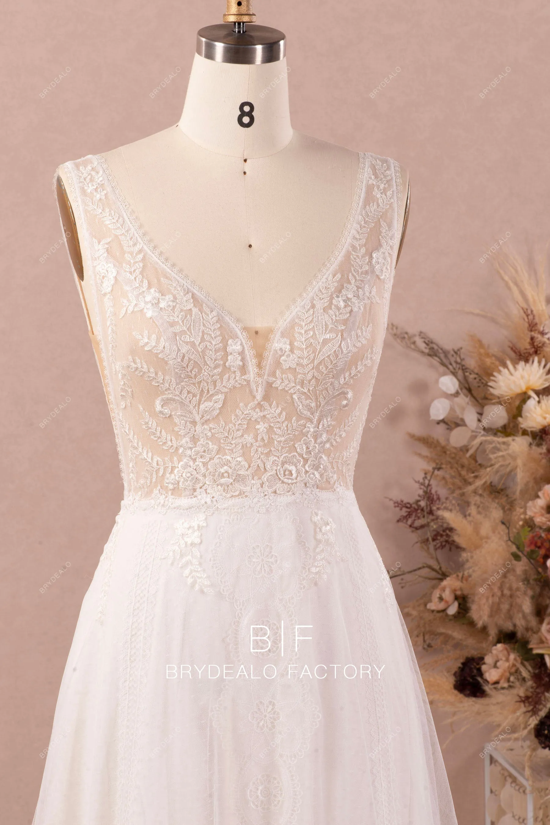 Boho Straps Flower Lace Long A-line Spring Fall Wedding Dress