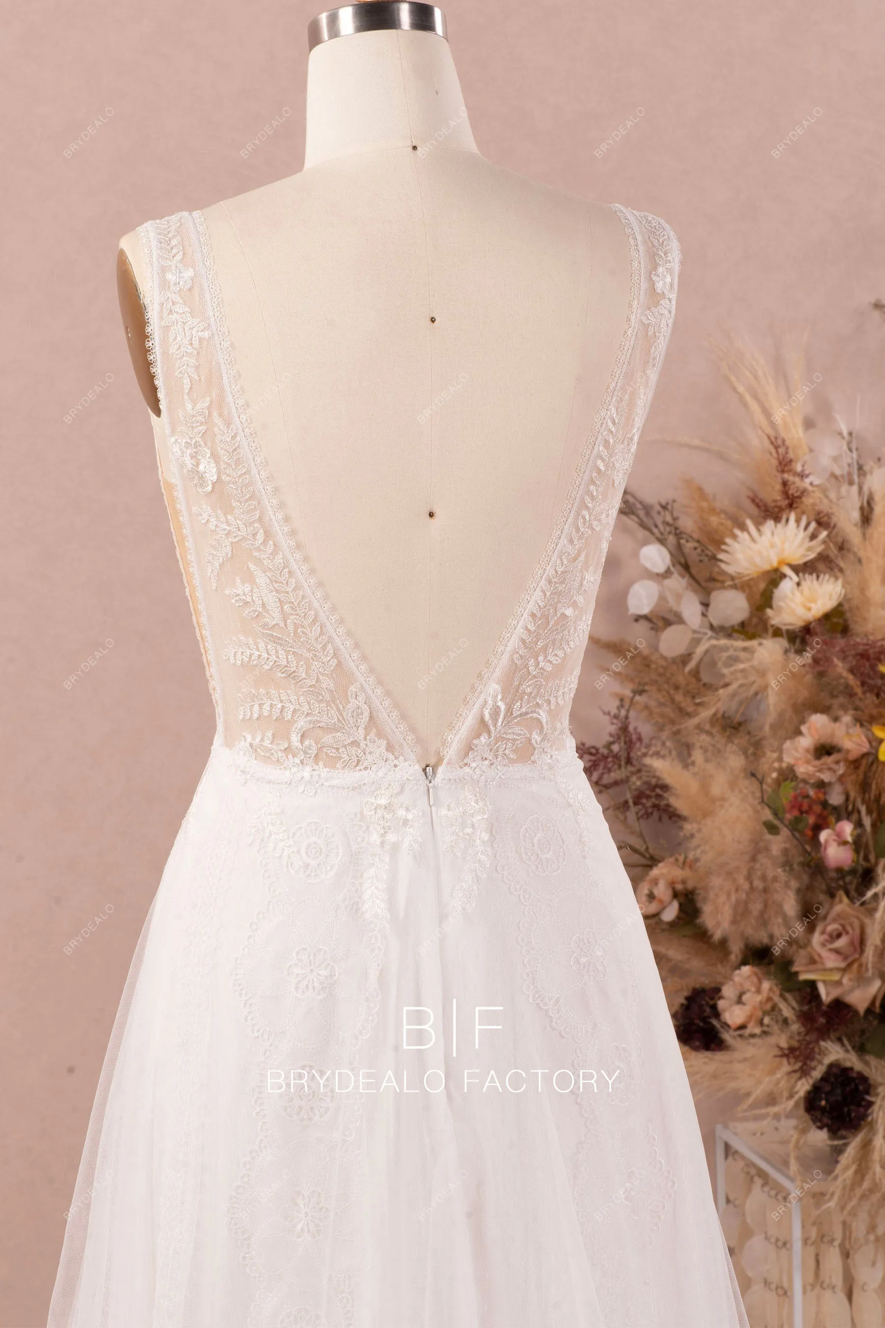 Boho Straps Flower Lace Long A-line Spring Fall Wedding Dress