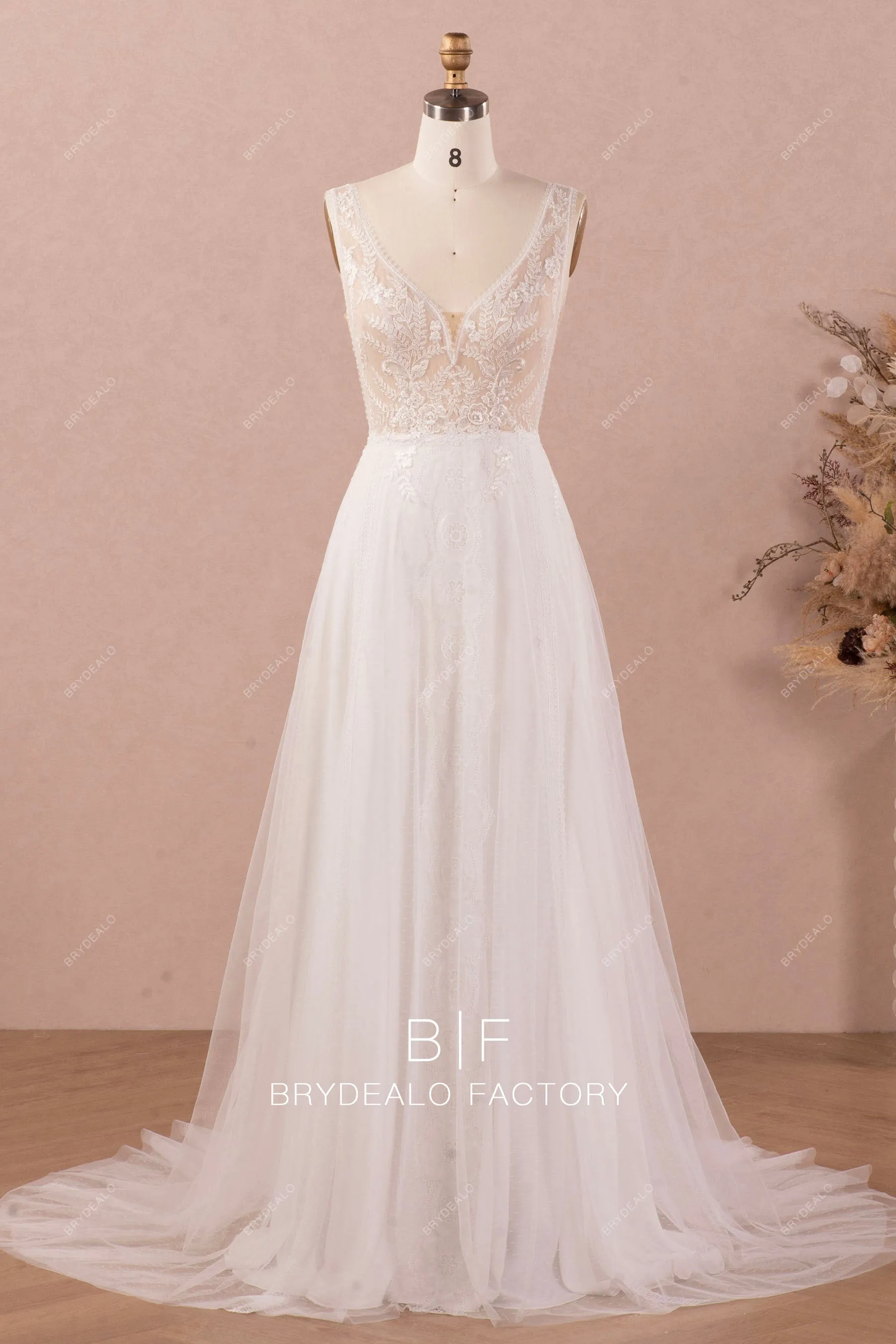 Boho Straps Flower Lace Long A-line Spring Fall Wedding Dress