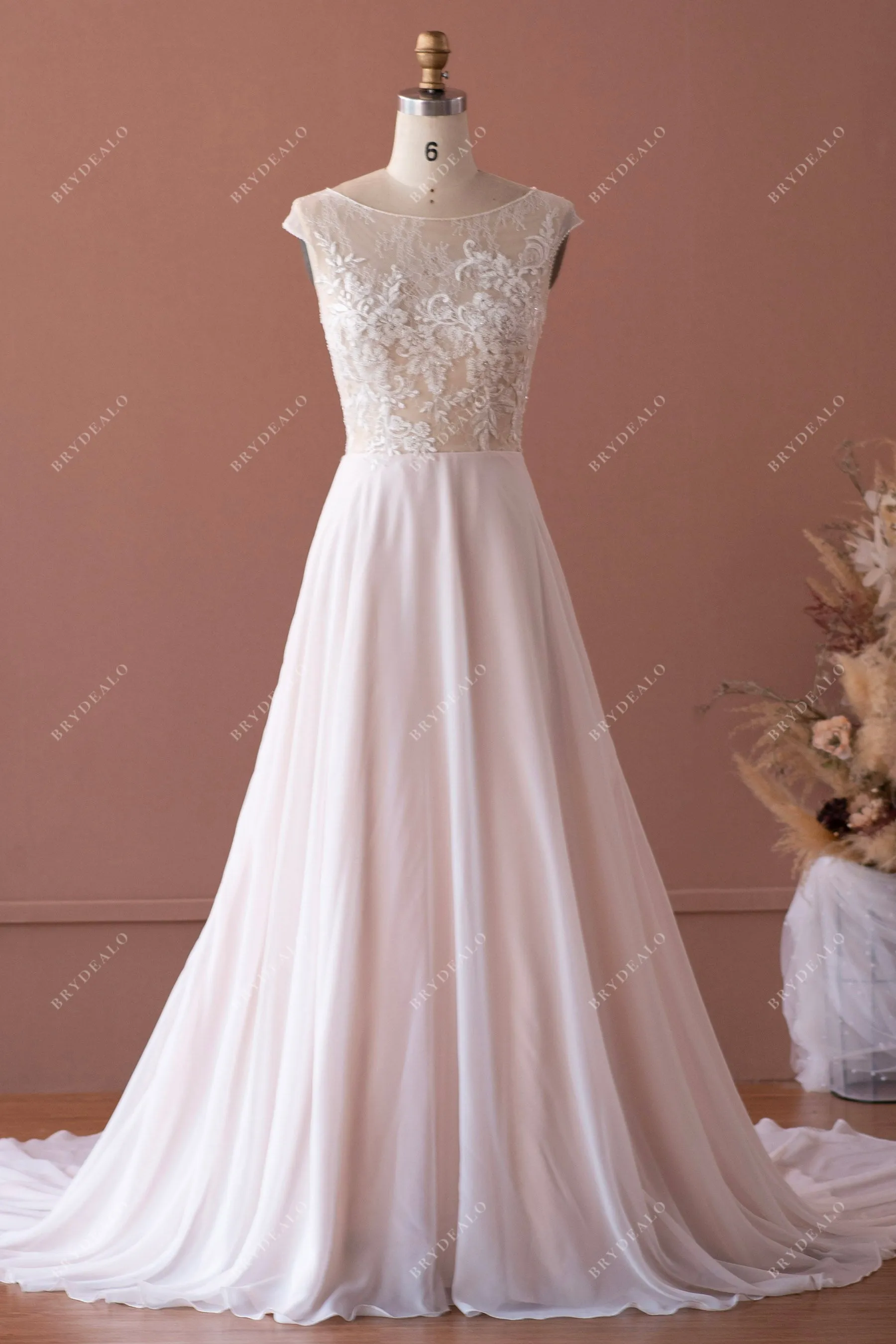 Cap Sleeve Beaded Lace Flowy Beach Wedding Dress