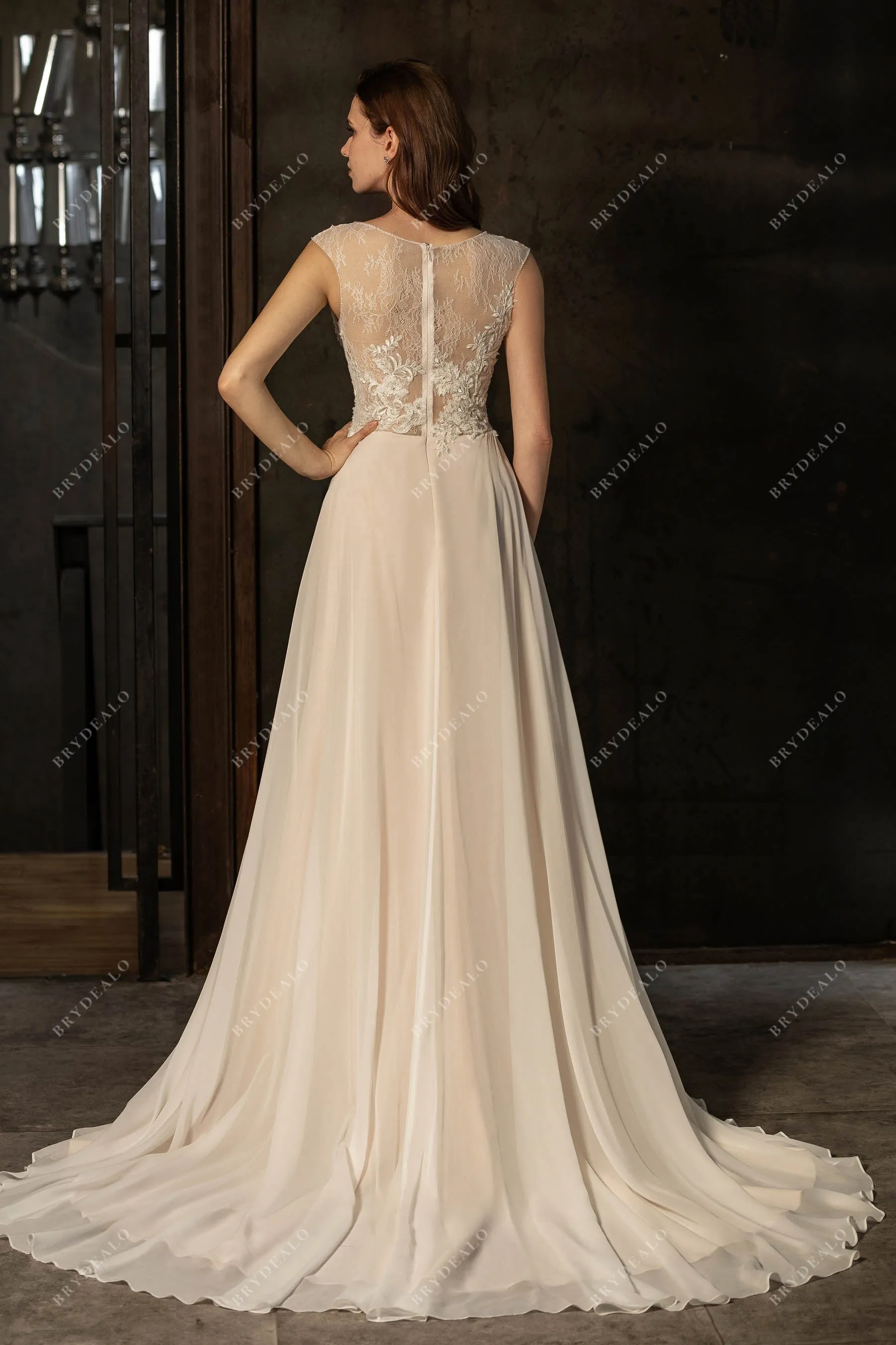 Cap Sleeve Beaded Lace Flowy Beach Wedding Dress