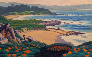 Carmel River State Beach - Reduction Woodcut Print by Gordon Mortensen