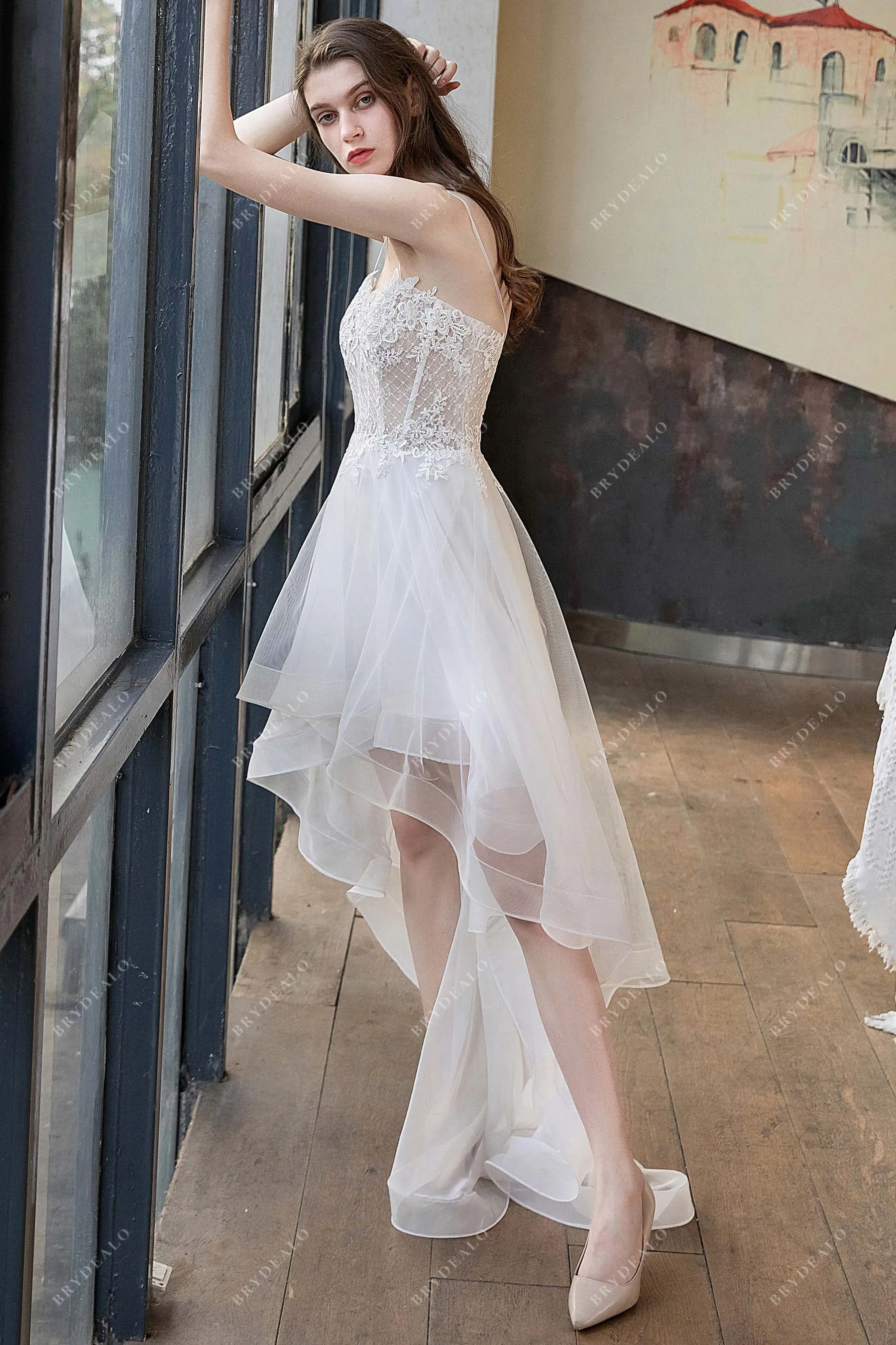 Casual Hi-Lo Illusion Corset Lace Beach Wedding Dress