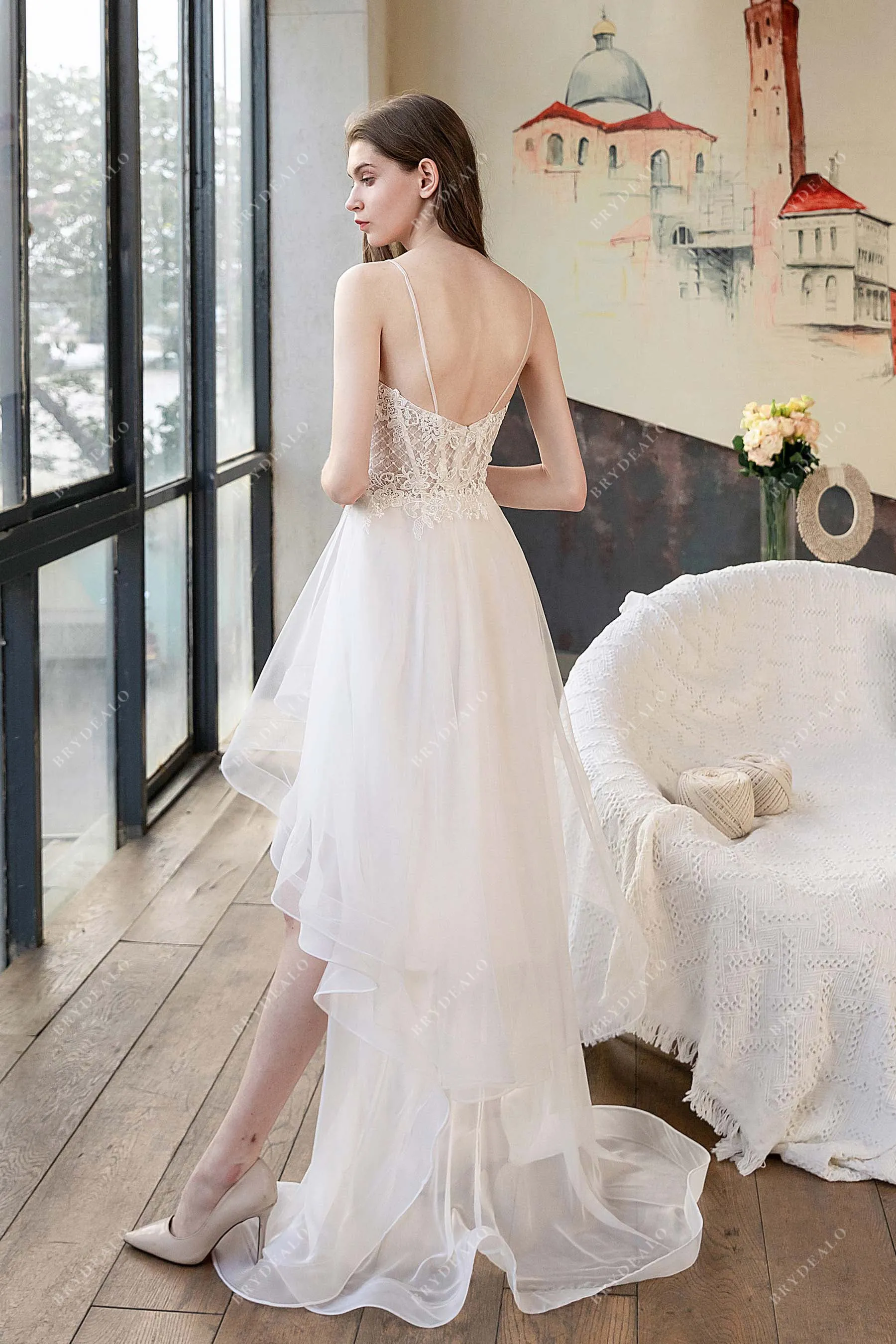 Casual Hi-Lo Illusion Corset Lace Beach Wedding Dress