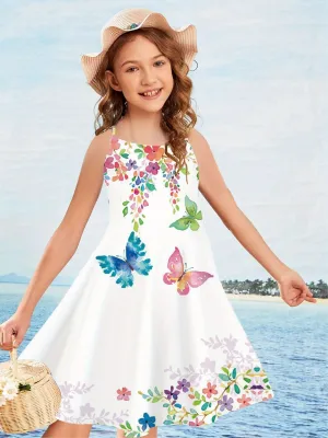 Charming Butterfly-Print Cami Dress for Girls - Crisscross Back, Breathable & Ideal for Beach Vacations