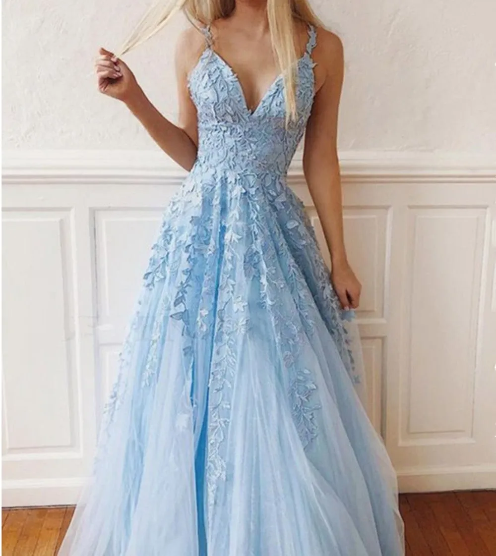 Charming Long A-Line V-neck Spaghetti Straps Tulle Open Back Prom Dress