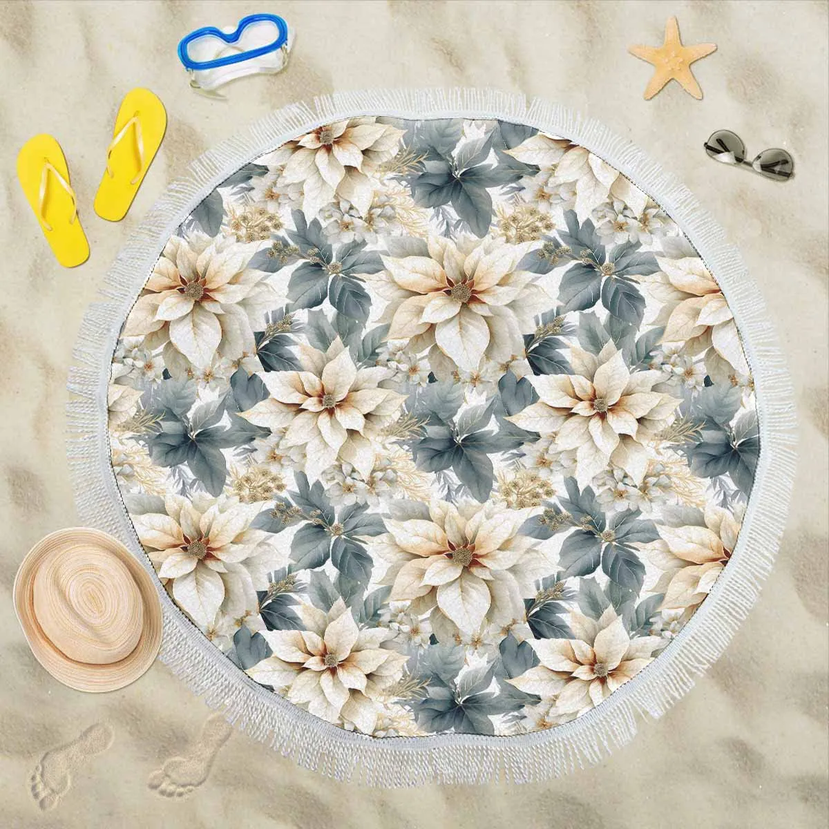 Cream Poinsettianew  Circular Beach Shawl 59"