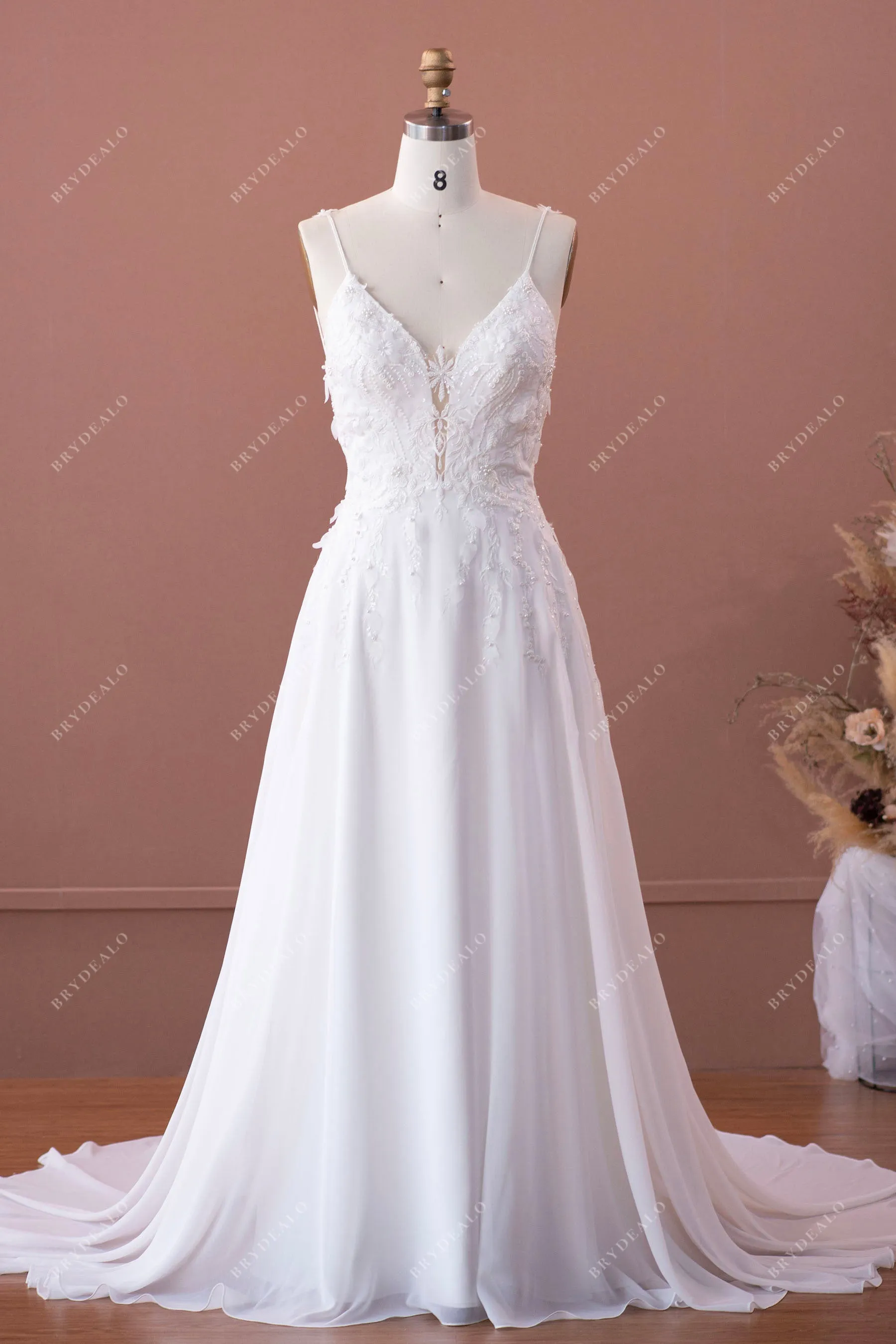 Designer Flower Lace Chiffon Spaghetti Straps Plunging Wedding Dress