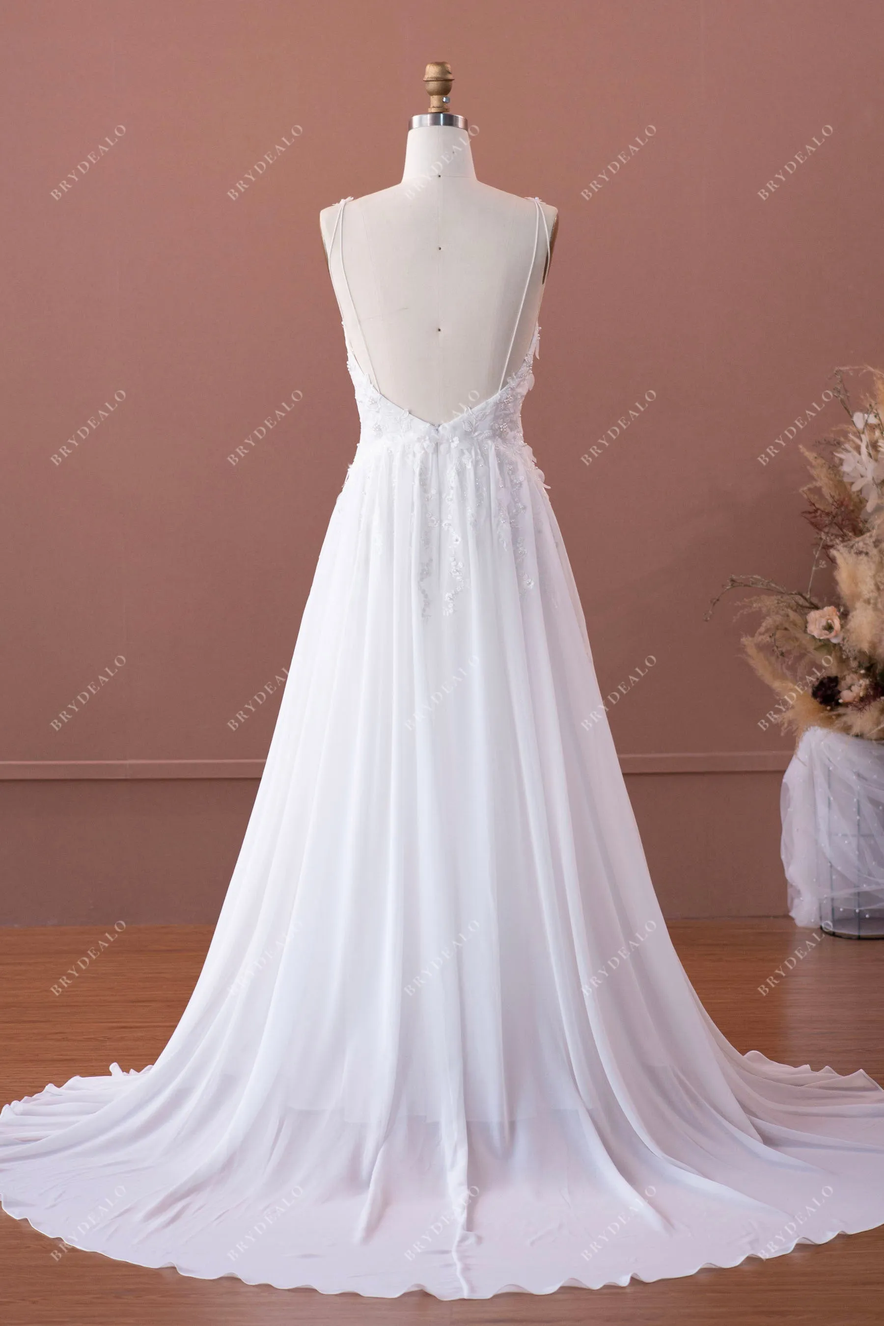 Designer Flower Lace Chiffon Spaghetti Straps Plunging Wedding Dress