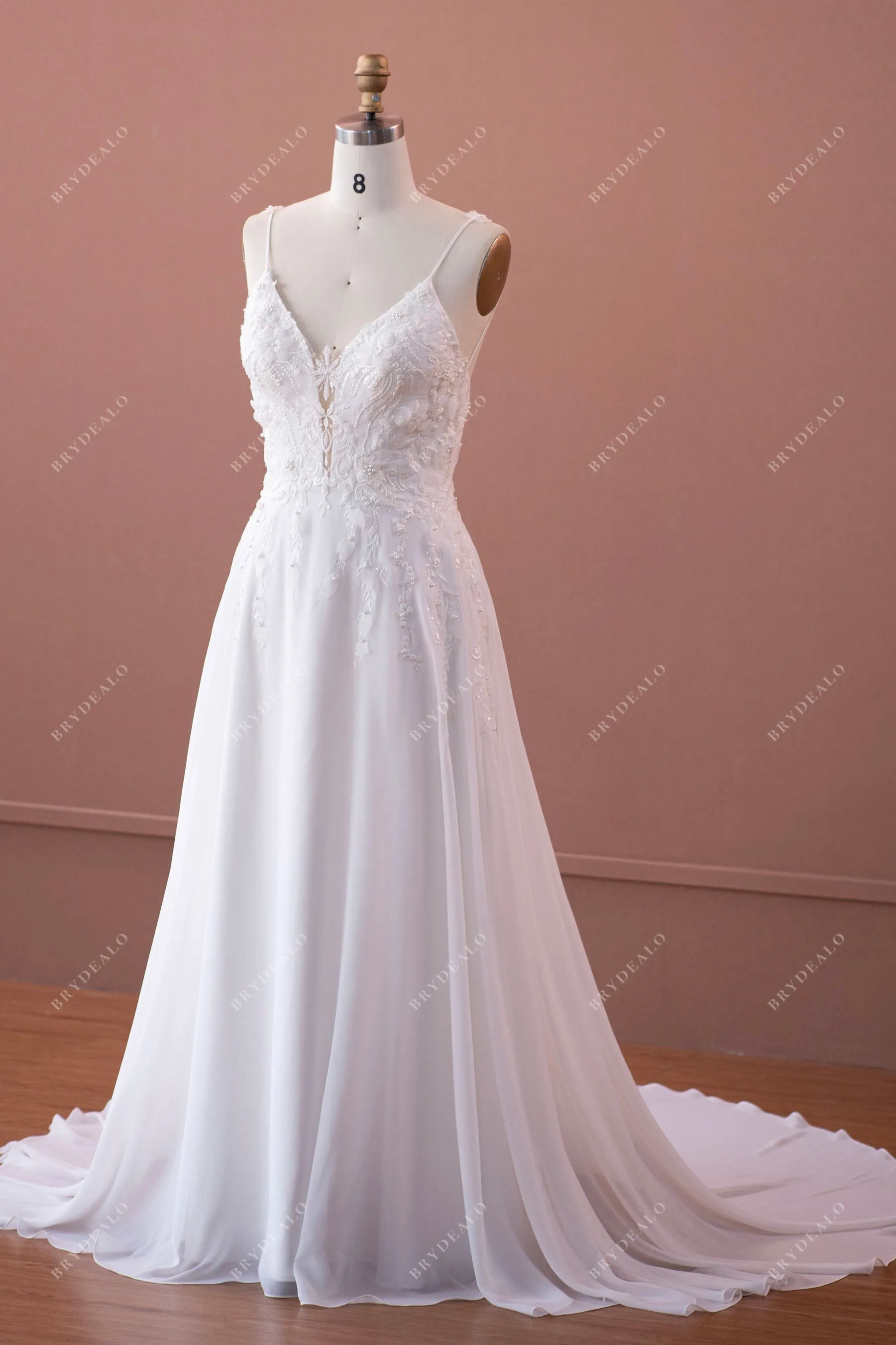 Designer Flower Lace Chiffon Spaghetti Straps Plunging Wedding Dress