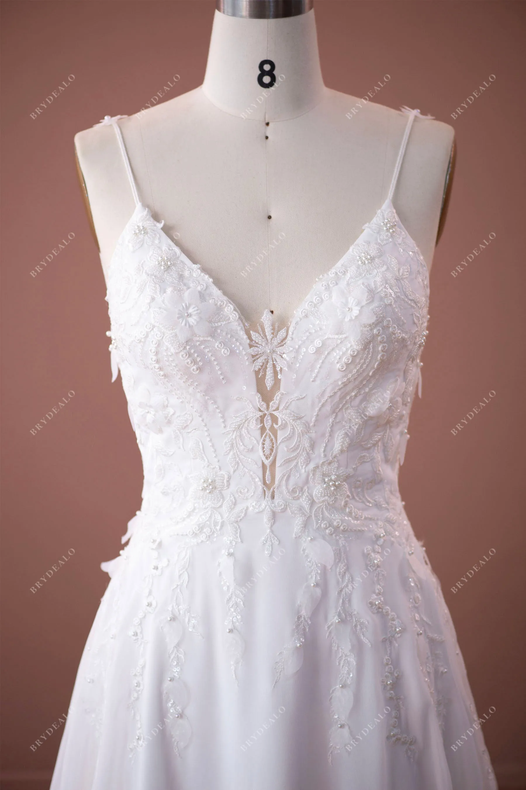 Designer Flower Lace Chiffon Spaghetti Straps Plunging Wedding Dress