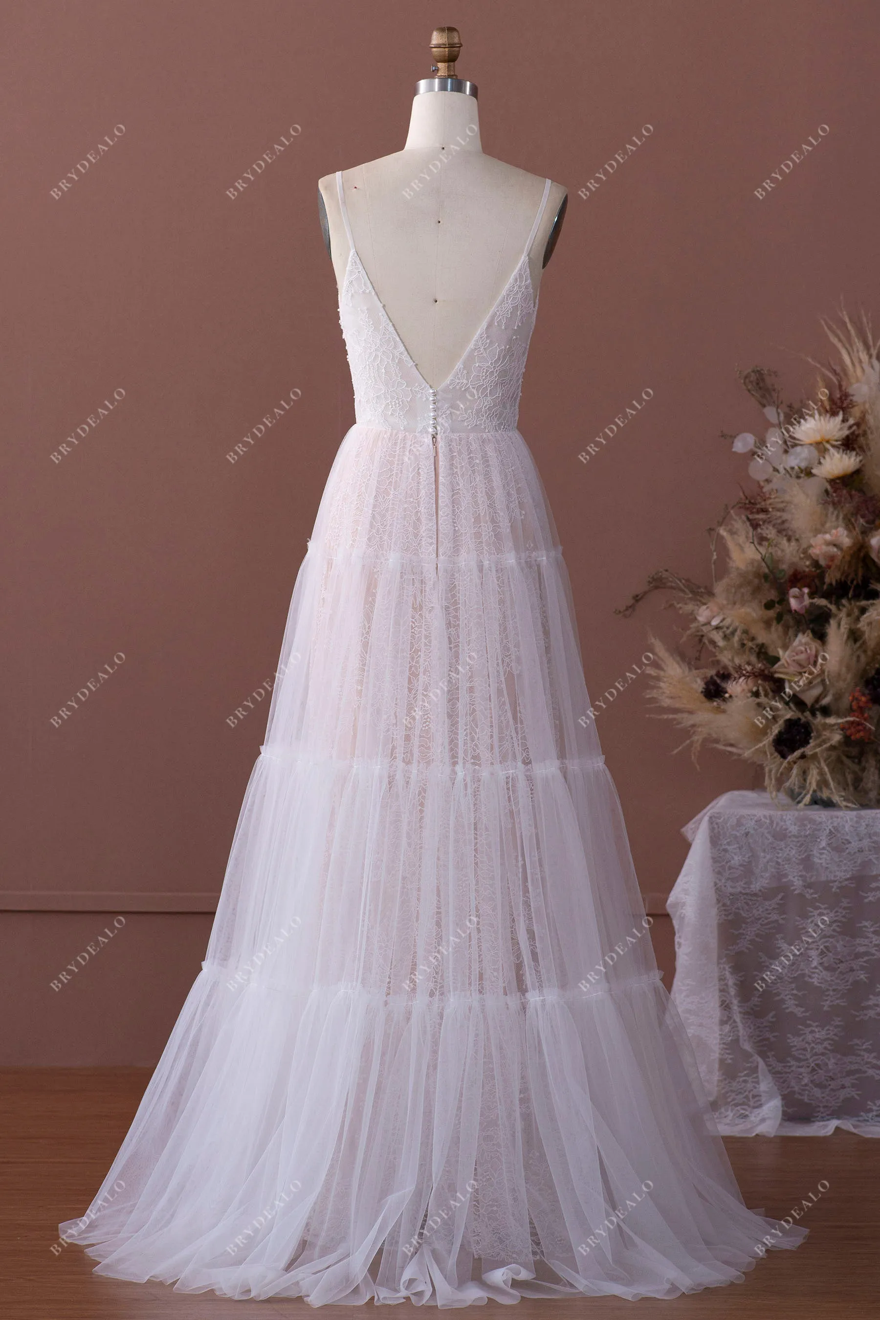 Designer Lace V neck Floor Length Nude Summer Beach Bridal Gown