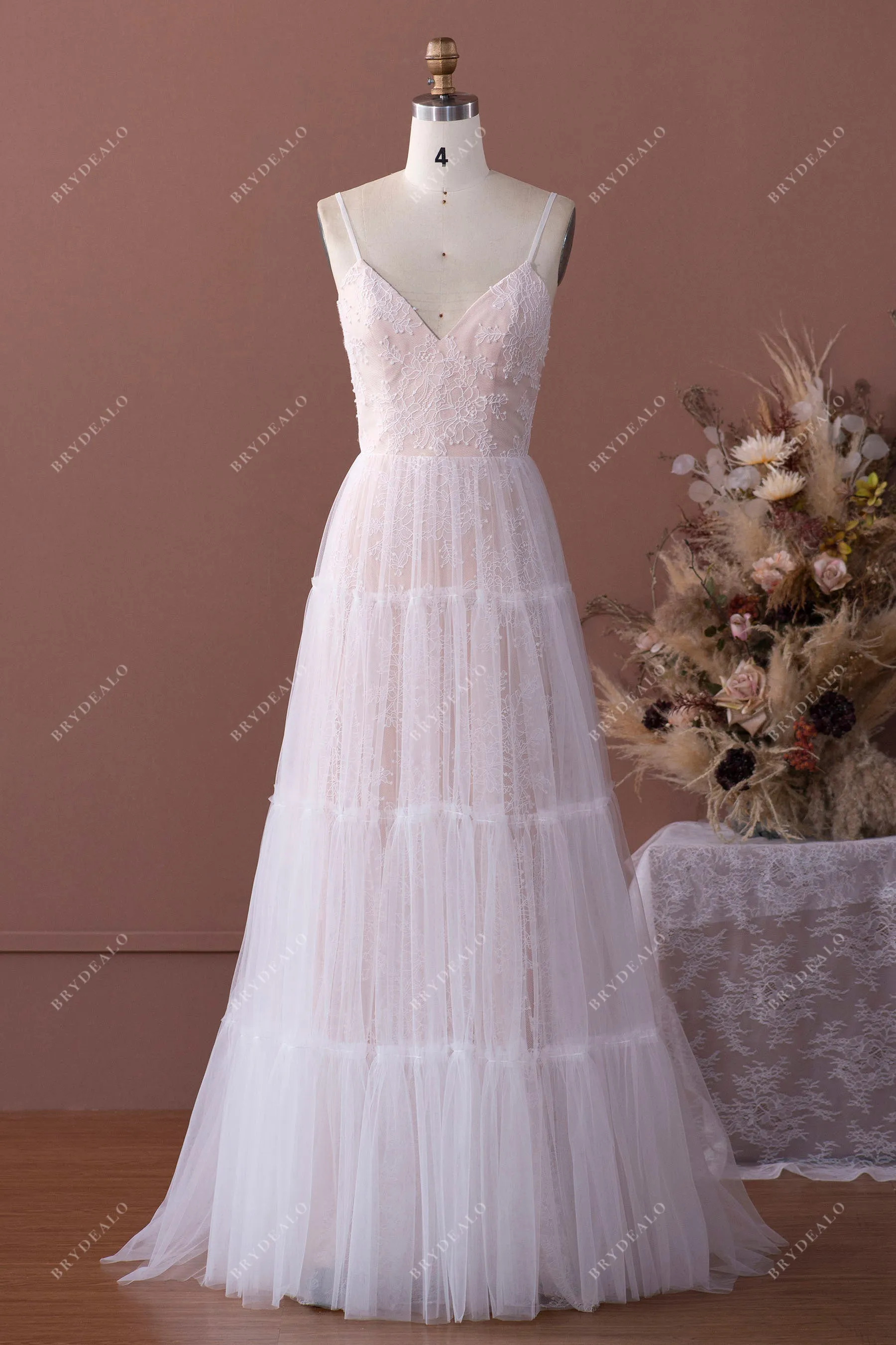 Designer Lace V neck Floor Length Nude Summer Beach Bridal Gown