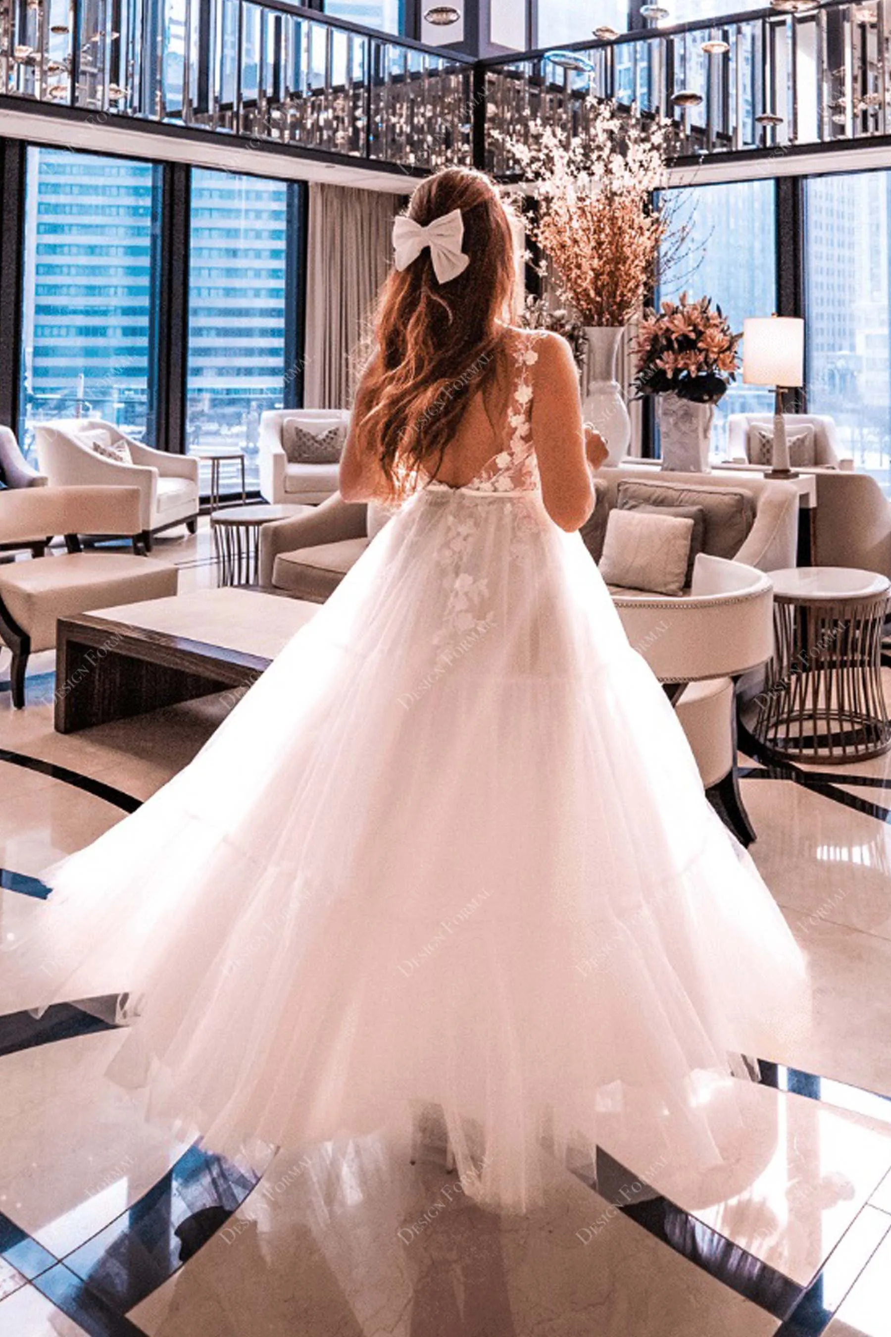 Designer V-neck Lace Tulle Sheer Bridal Dress