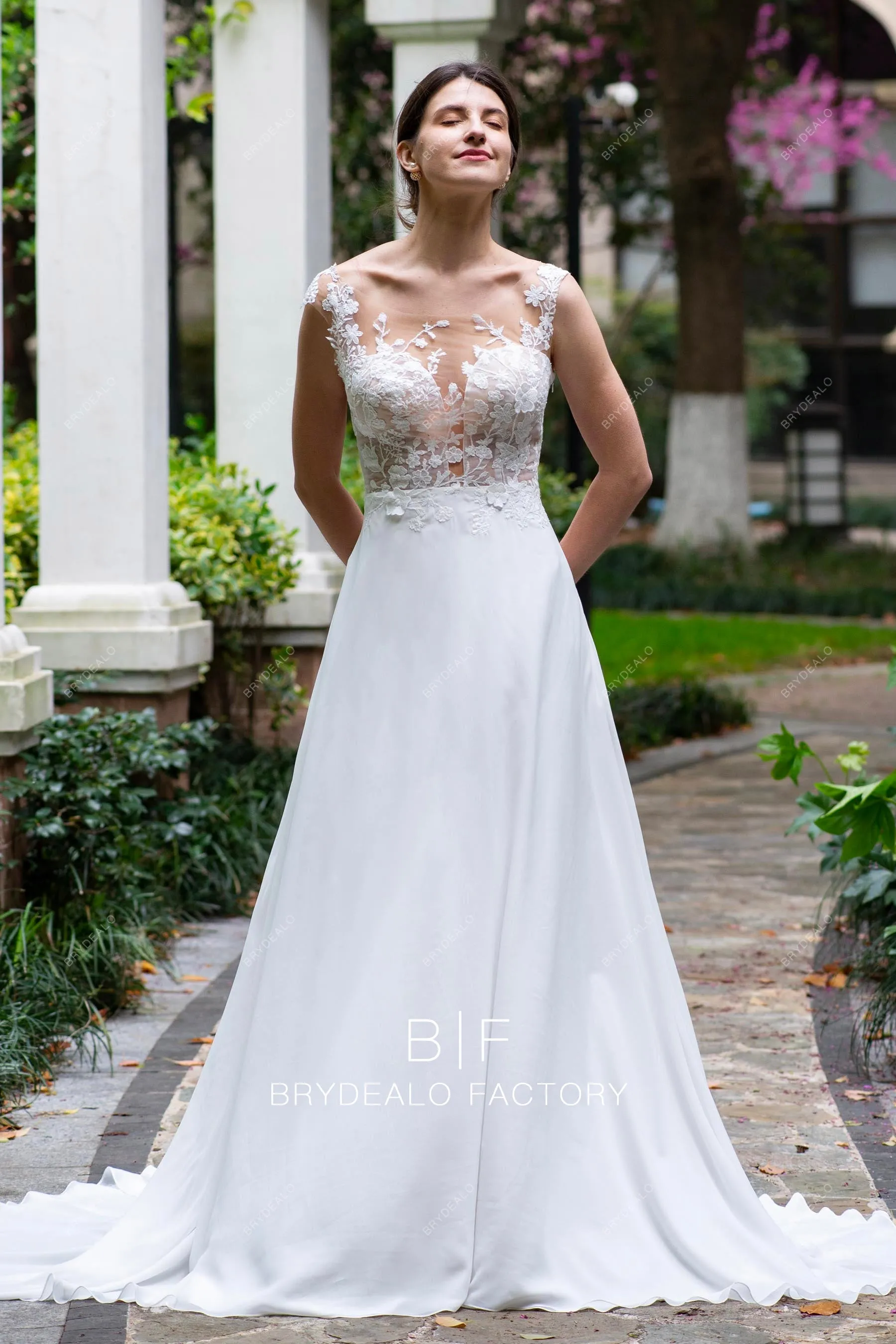 Designer Wild Lace Illusion Summer Chiffon A-line Beach Wedding Dress