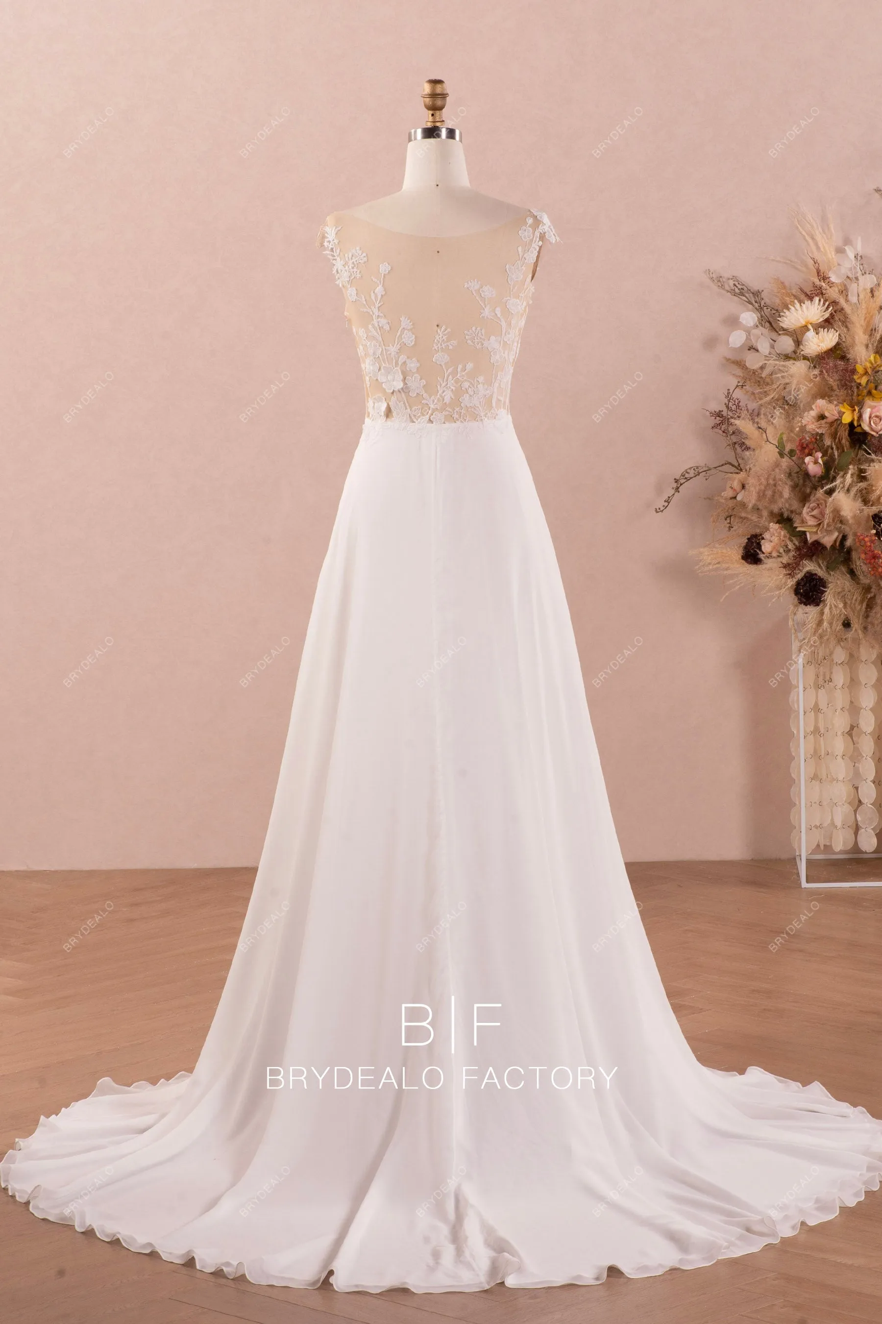 Designer Wild Lace Illusion Summer Chiffon A-line Beach Wedding Dress