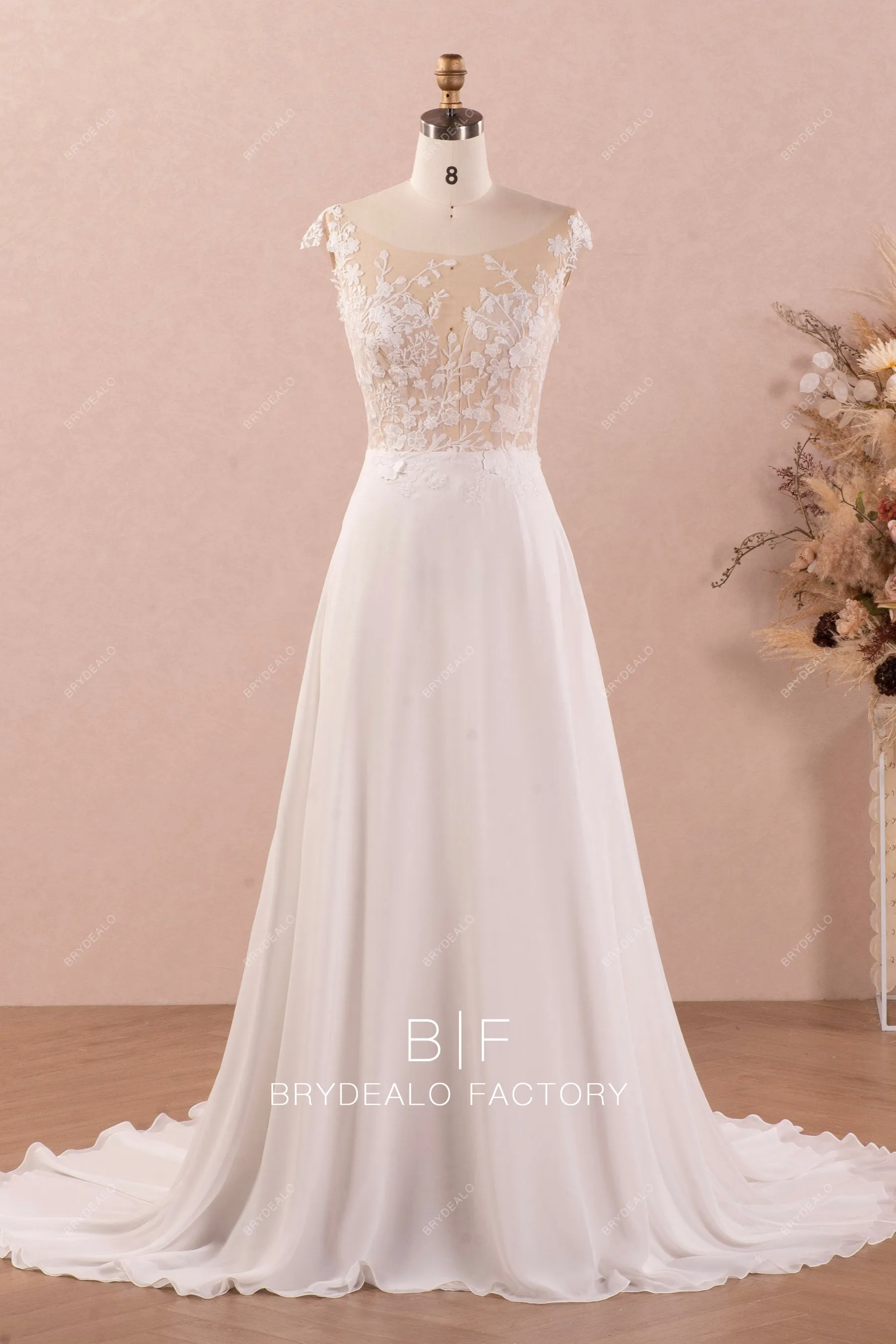 Designer Wild Lace Illusion Summer Chiffon A-line Beach Wedding Dress