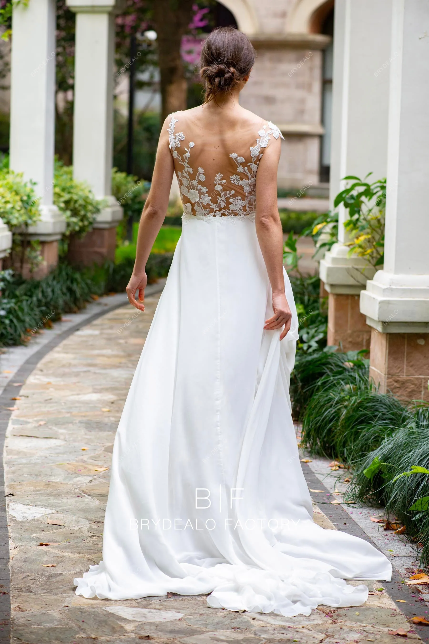 Designer Wild Lace Illusion Summer Chiffon A-line Beach Wedding Dress