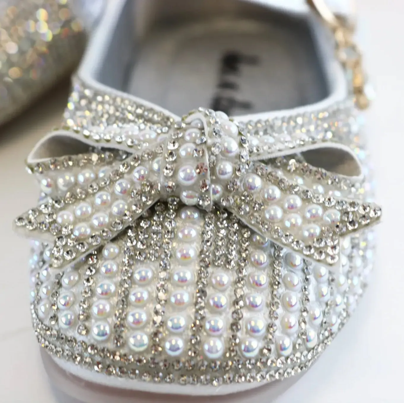 Doe a Dear Pearl & Rhinestone Bow SILVER Girls Dress Shoes