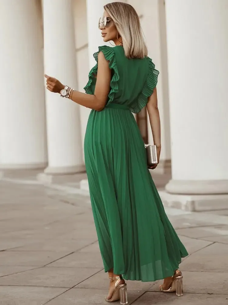 Fashion Elegant Women Dress Sleeveless V neck Long Summer Dress Sexy Pleat Party Dress Female Chiffon Maxi Green Dress With Belt