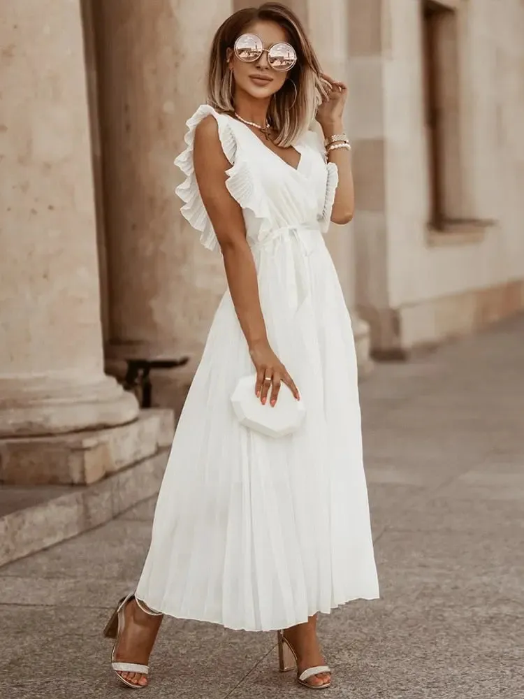 Fashion Elegant Women Dress Sleeveless V neck Long Summer Dress Sexy Pleat Party Dress Female Chiffon Maxi Green Dress With Belt