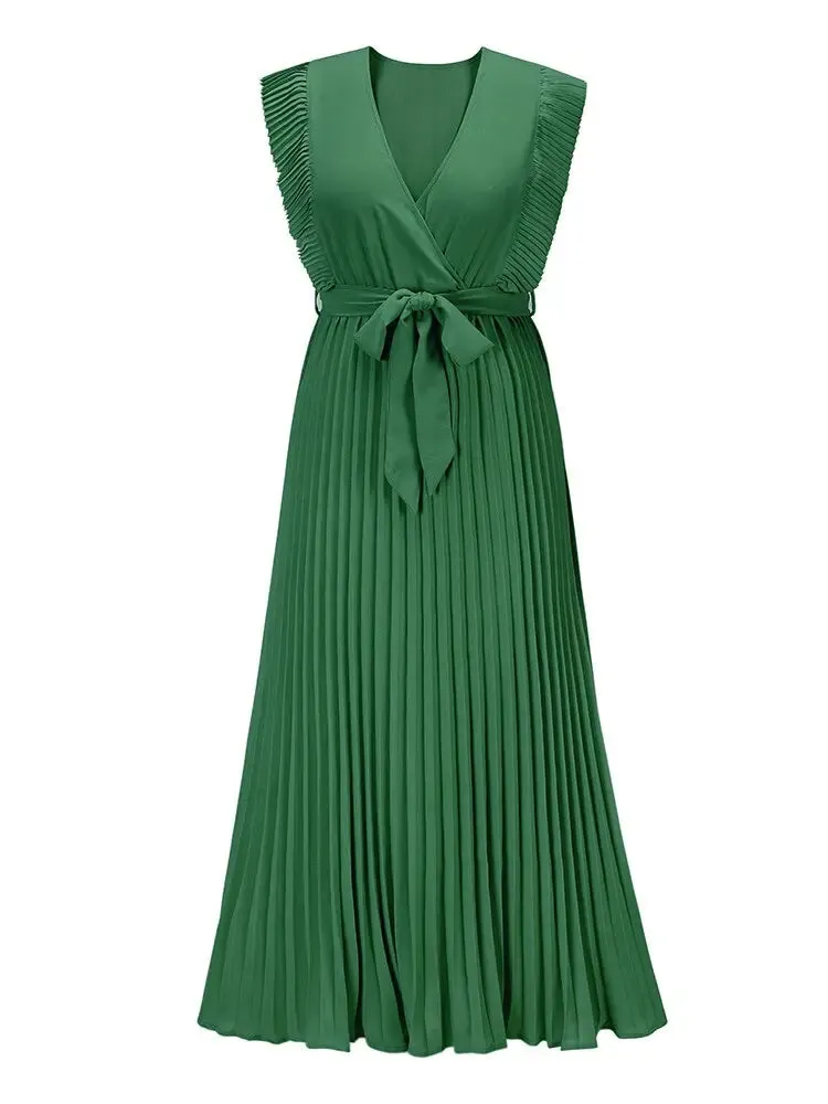 Fashion Elegant Women Dress Sleeveless V neck Long Summer Dress Sexy Pleat Party Dress Female Chiffon Maxi Green Dress With Belt