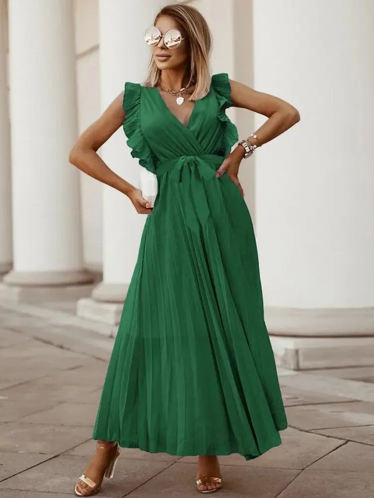 Fashion Elegant Women Dress Sleeveless V neck Long Summer Dress Sexy Pleat Party Dress Female Chiffon Maxi Green Dress With Belt