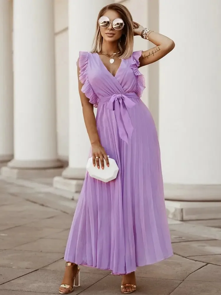 Fashion Elegant Women Dress Sleeveless V neck Long Summer Dress Sexy Pleat Party Dress Female Chiffon Maxi Green Dress With Belt