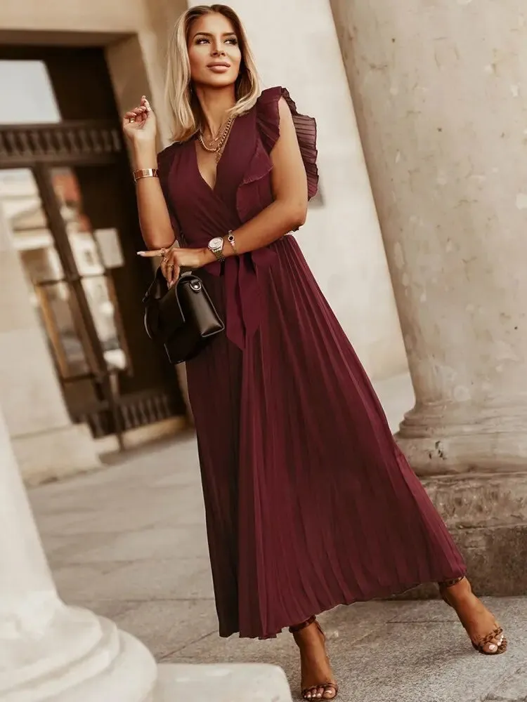 Fashion Elegant Women Dress Sleeveless V neck Long Summer Dress Sexy Pleat Party Dress Female Chiffon Maxi Green Dress With Belt