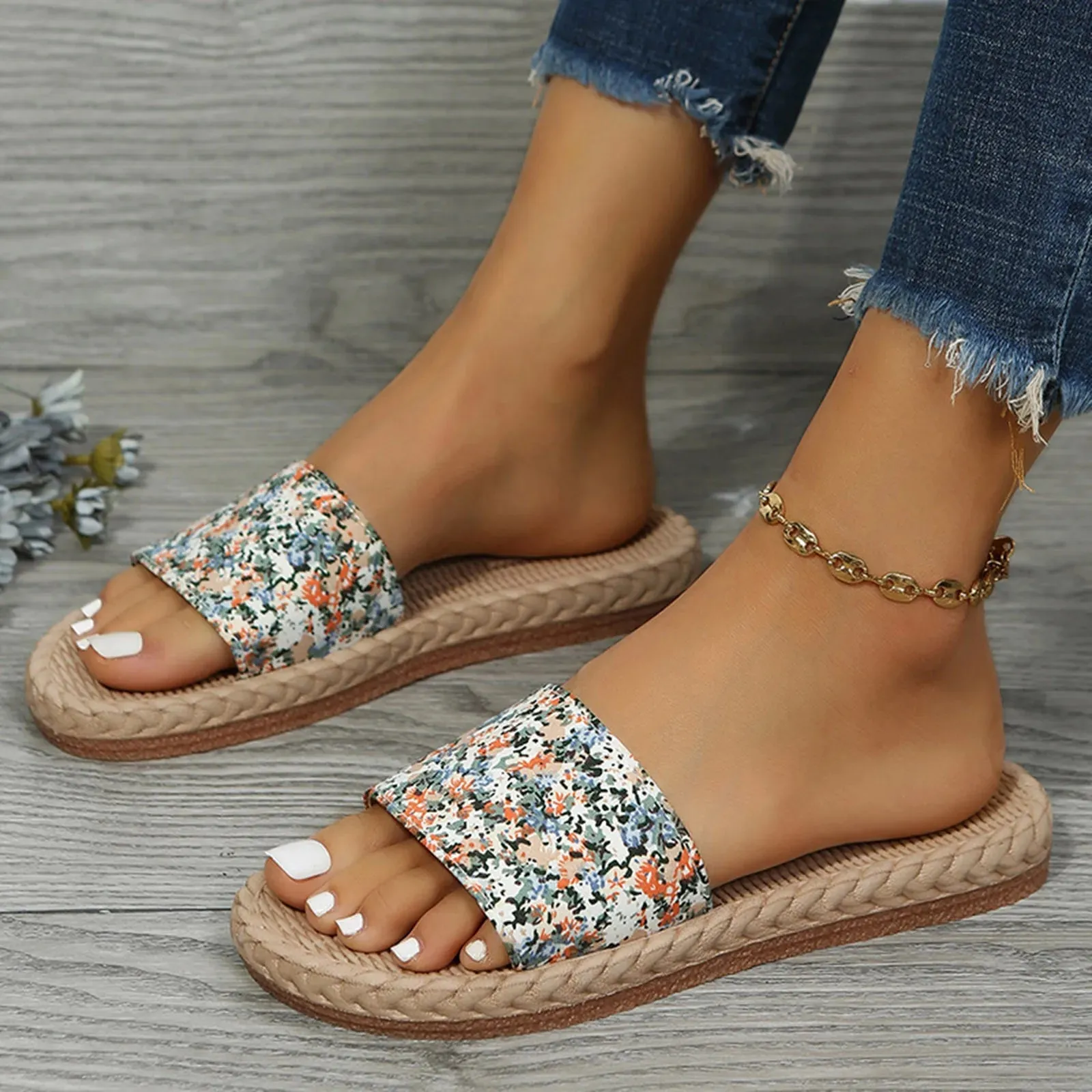 Floral Cloth Flip Flops - Ladies Straw Flat Beach Shoes