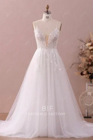 Floral embroidered Lace Plunging Neck Spring Fall Wedding Dress