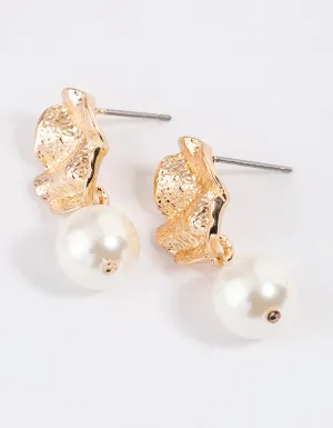 Gold Molten Plate Pearl Earrings