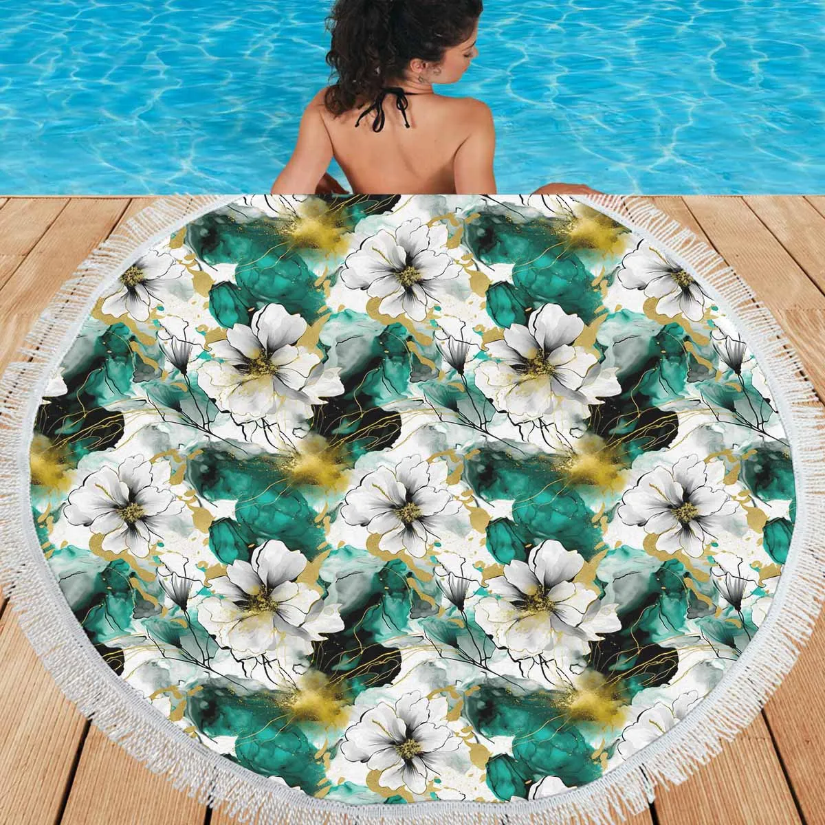 Green and White Ink Floral  Circular Beach Shawl 59"