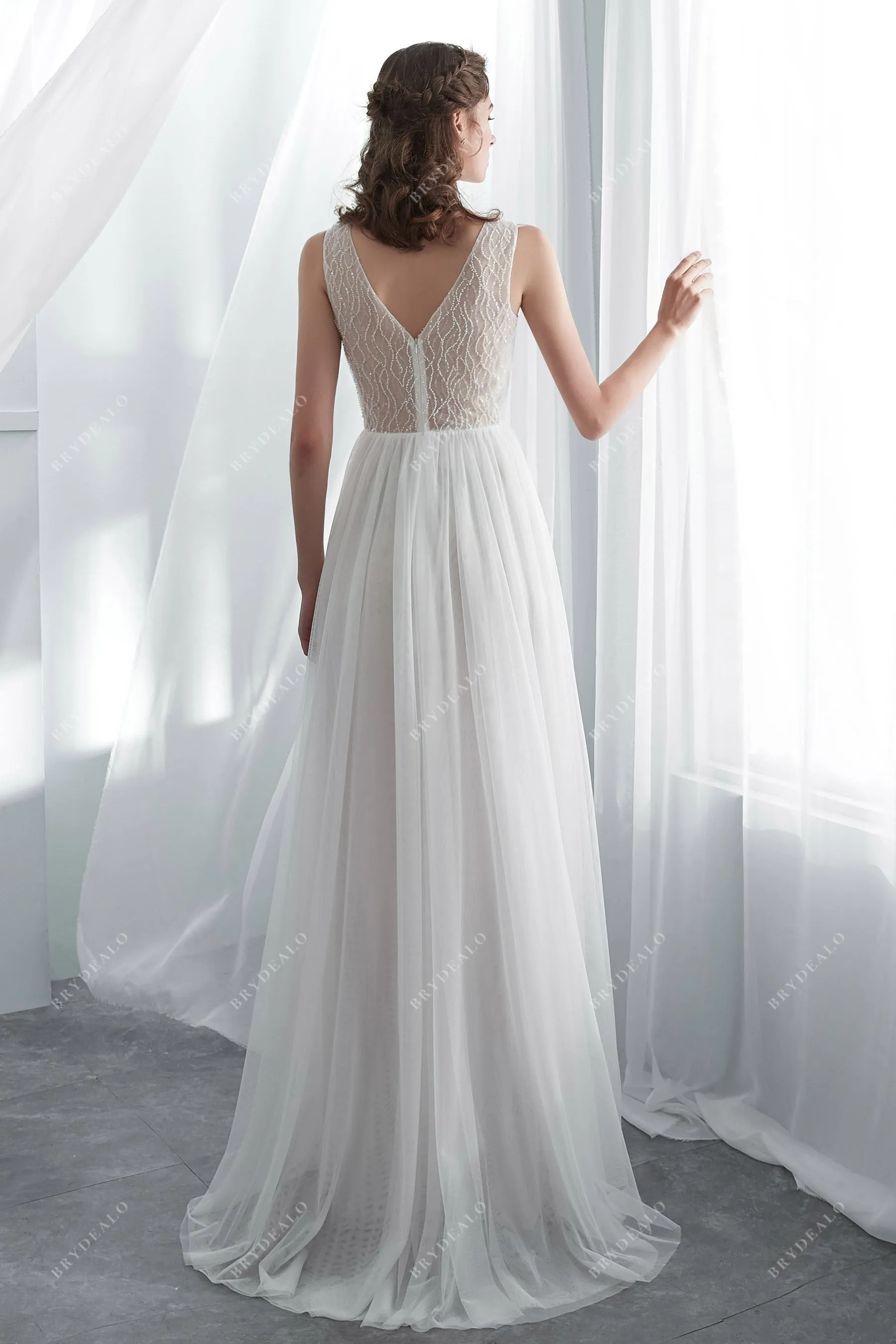 Illusion Beaded Tulle Floor Length Spring Beach Wedding Dress