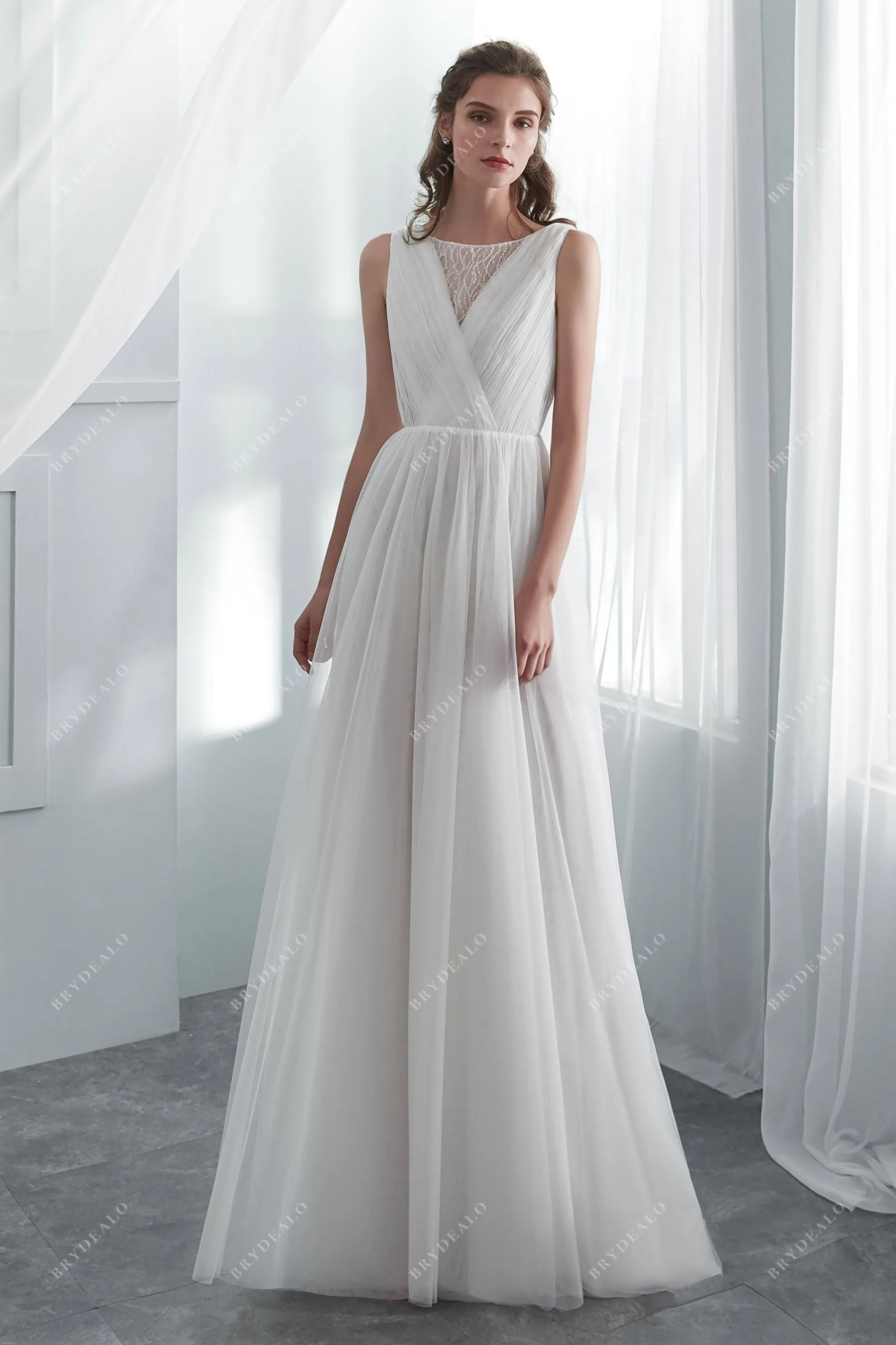 Illusion Beaded Tulle Floor Length Spring Beach Wedding Dress