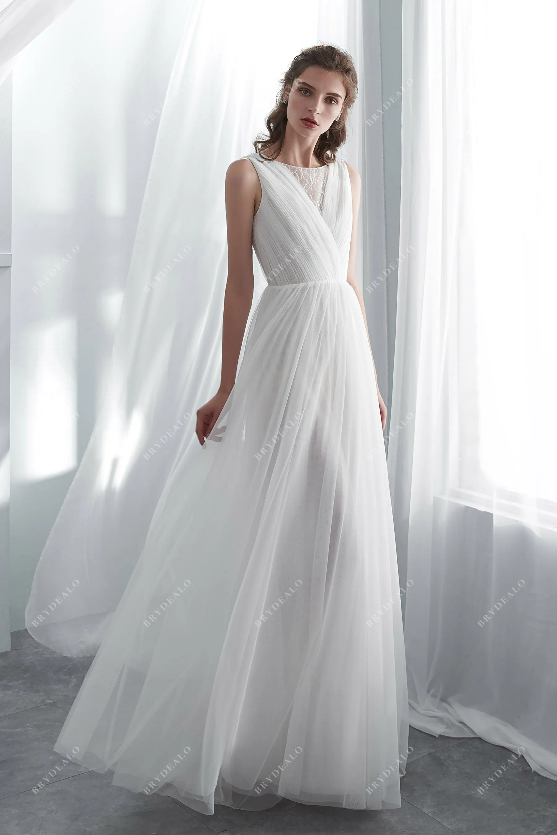 Illusion Beaded Tulle Floor Length Spring Beach Wedding Dress