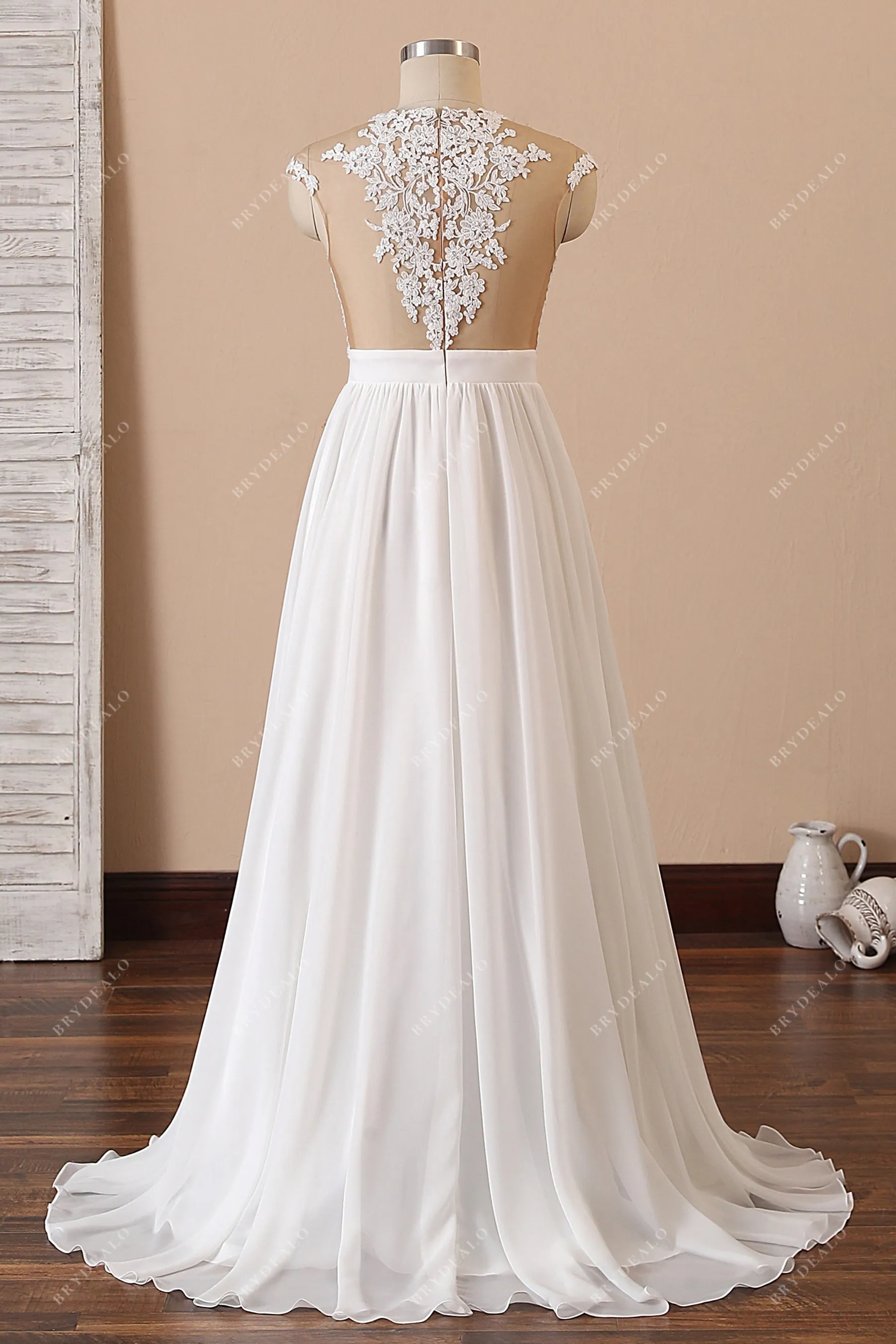 Illusion Neck Spring Lace Chiffon Slit Beach Wedding Dress