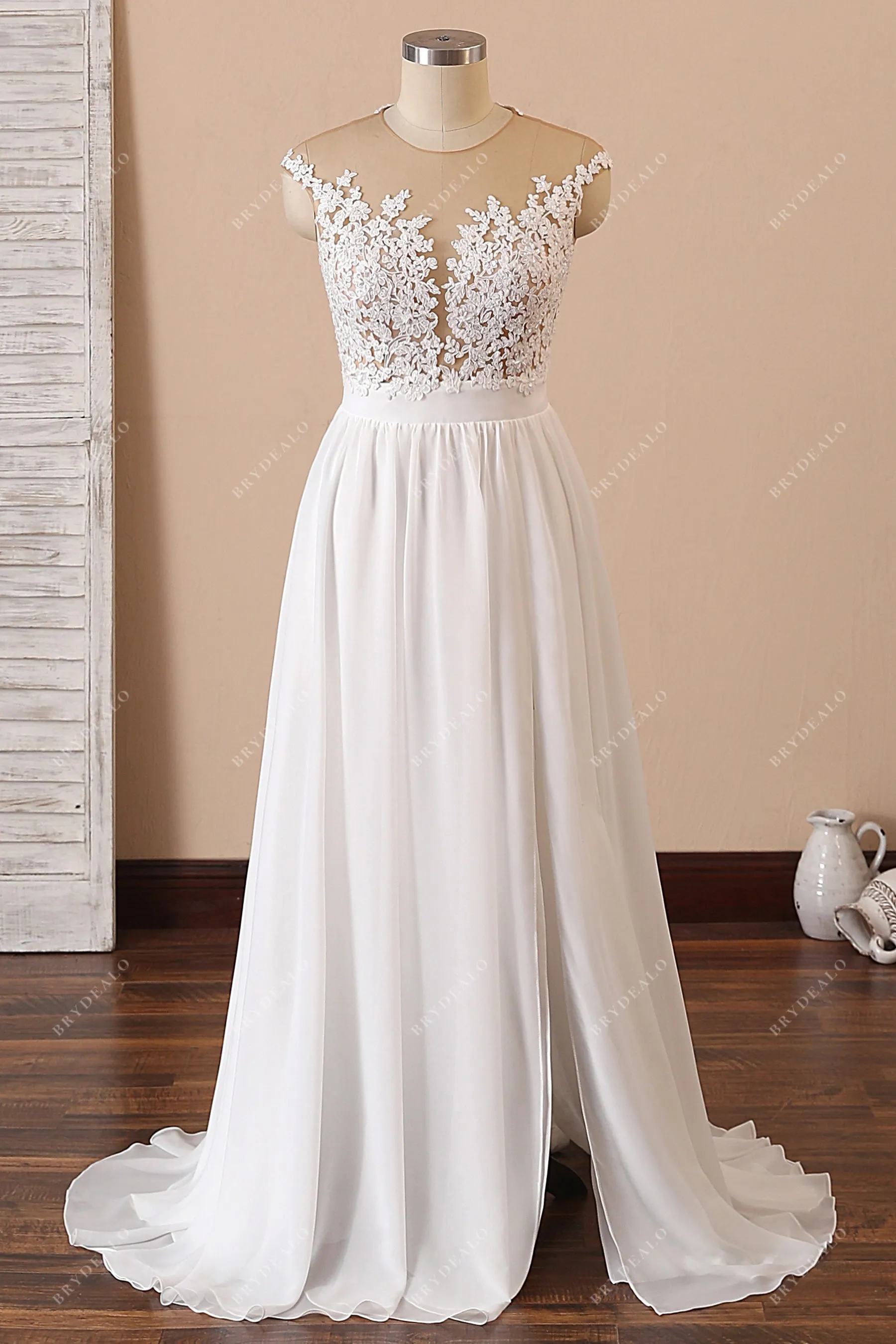 Illusion Neck Spring Lace Chiffon Slit Beach Wedding Dress