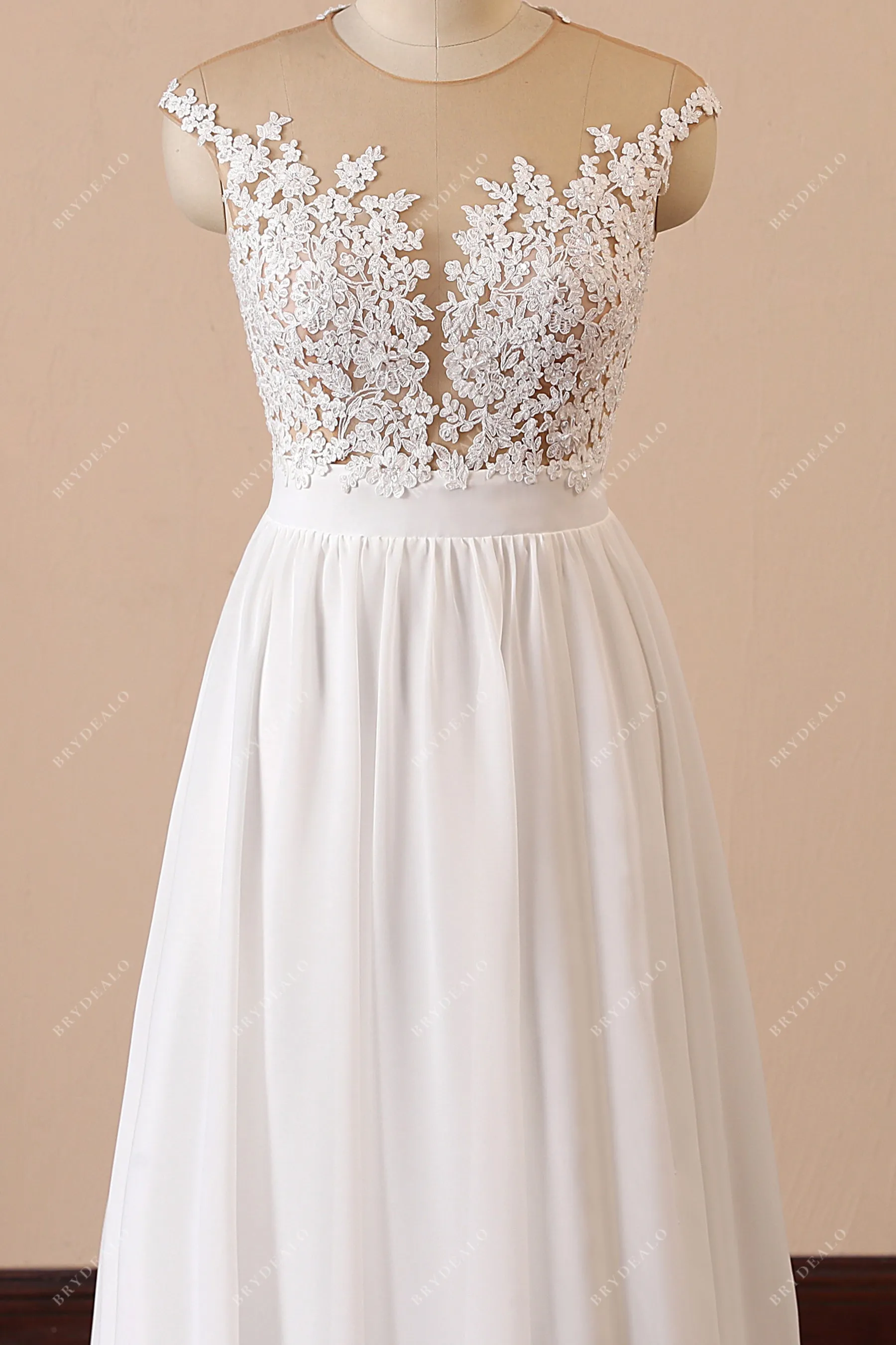 Illusion Neck Spring Lace Chiffon Slit Beach Wedding Dress