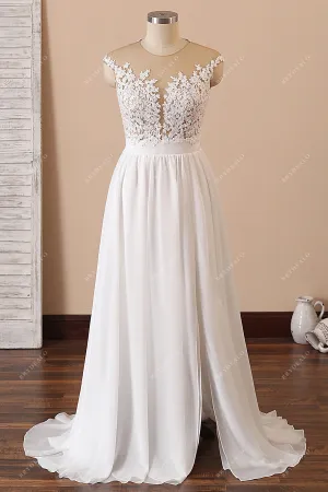 Illusion Neck Spring Lace Chiffon Slit Beach Wedding Dress