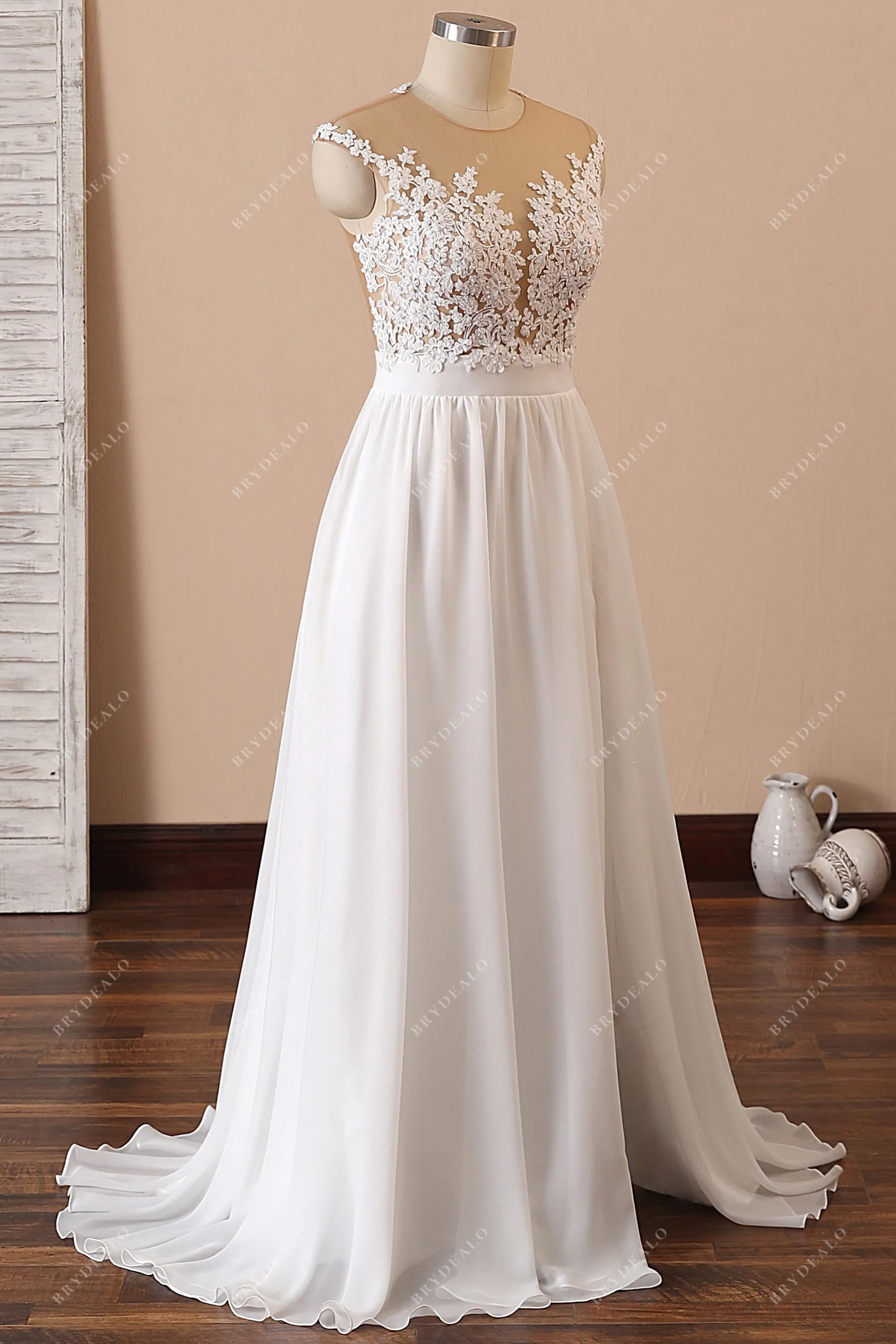 Illusion Neck Spring Lace Chiffon Slit Beach Wedding Dress