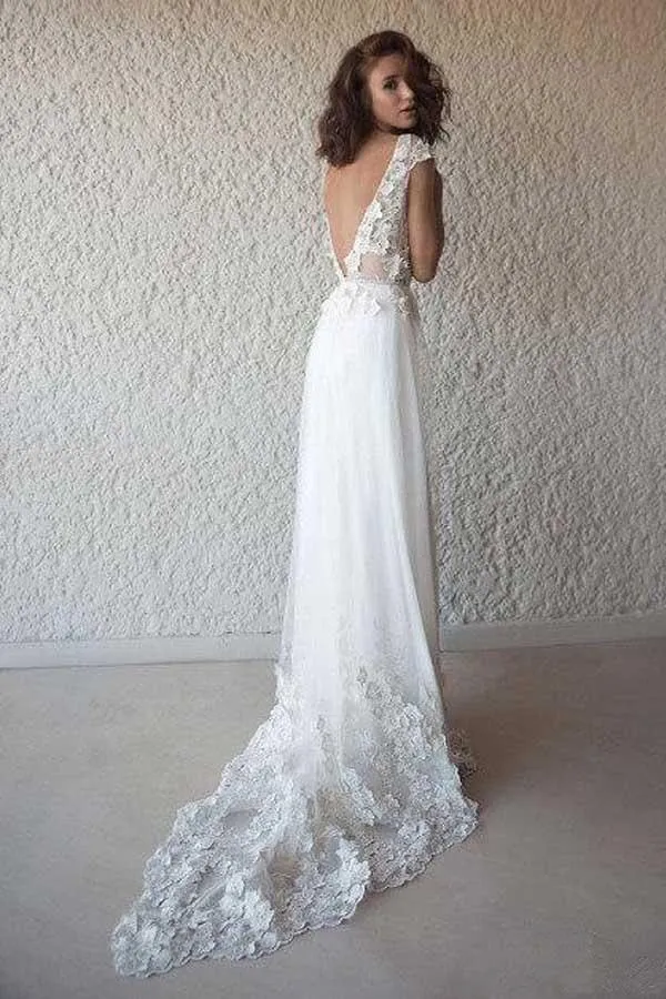 Ivory Cap Sleeve See Through Wedding Dresses Beach Bridal Dress  WD332