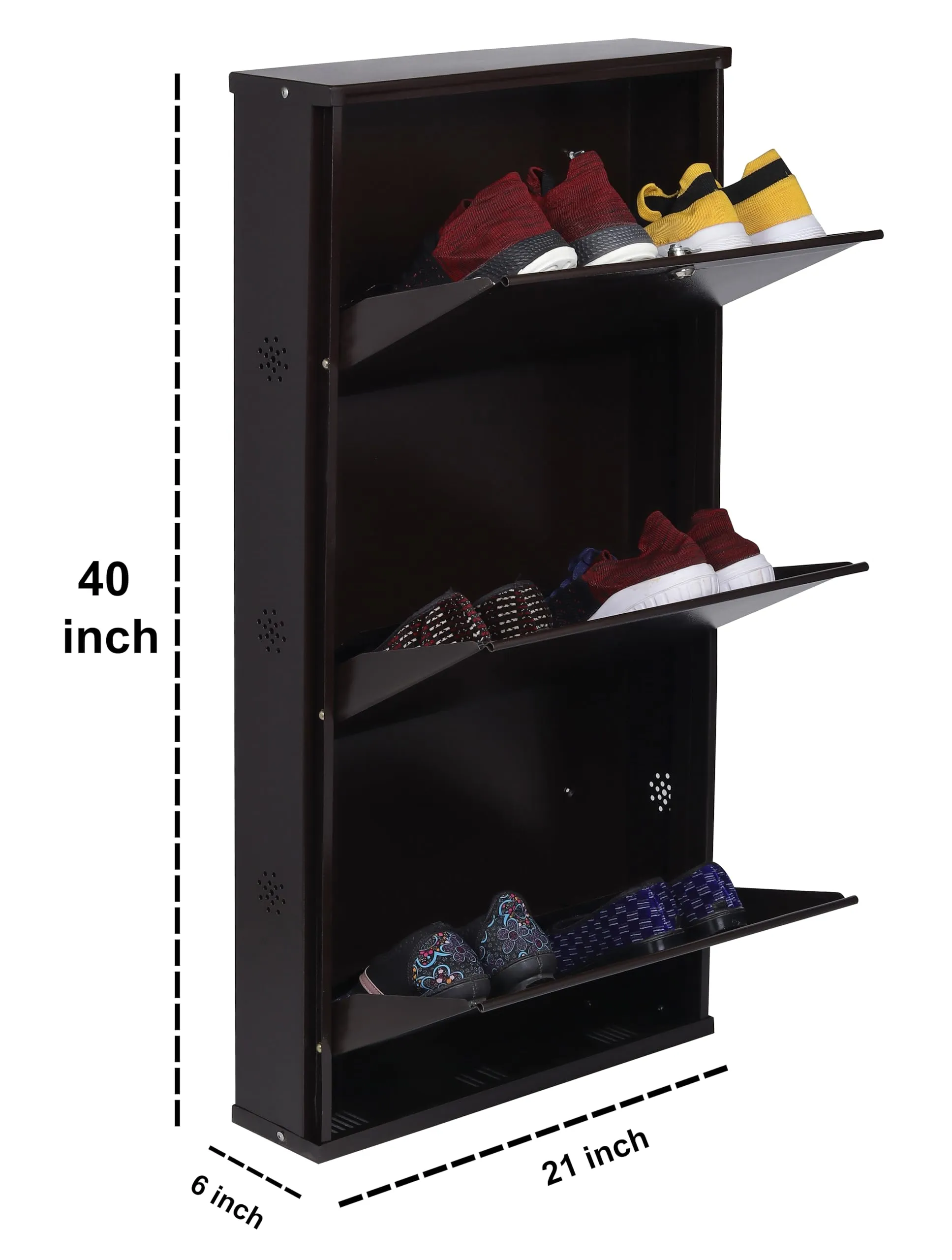 JAIMINI 3-Tier Wall Mounted Shoe Rack with Lock, Stores 6 Pairs, Brown