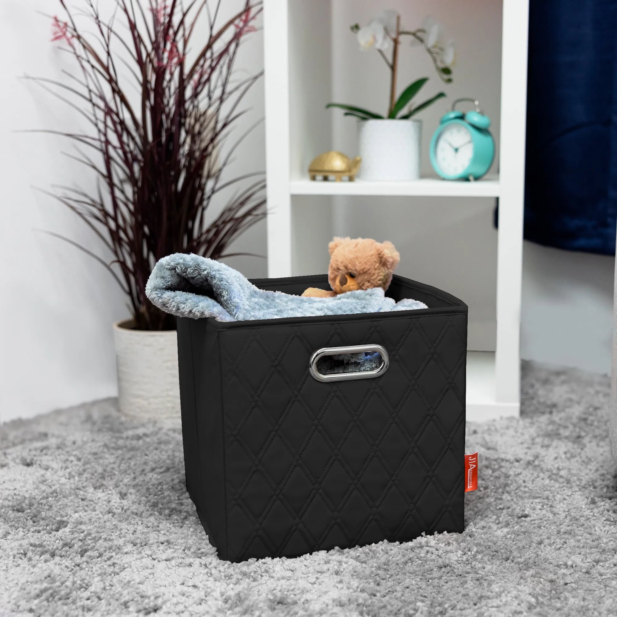 JIAessentials 12 inch Foldable Diamond Patterned Faux Leather Storage Cube Bins Set of Two with Dual Handles - 12" Black