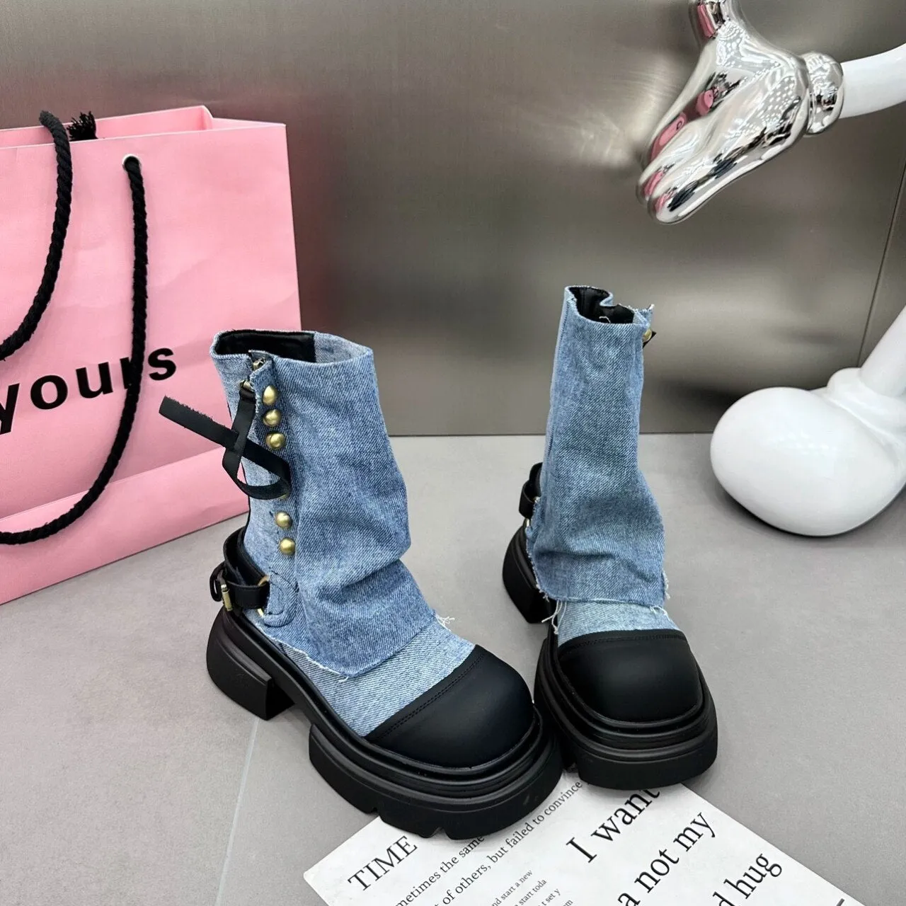 Joskaa New Luxury Chelsea Boots Winter Designer Women Ankle Boots Slip on Thick Bottom Platform Shoes Denim Boots Outfit