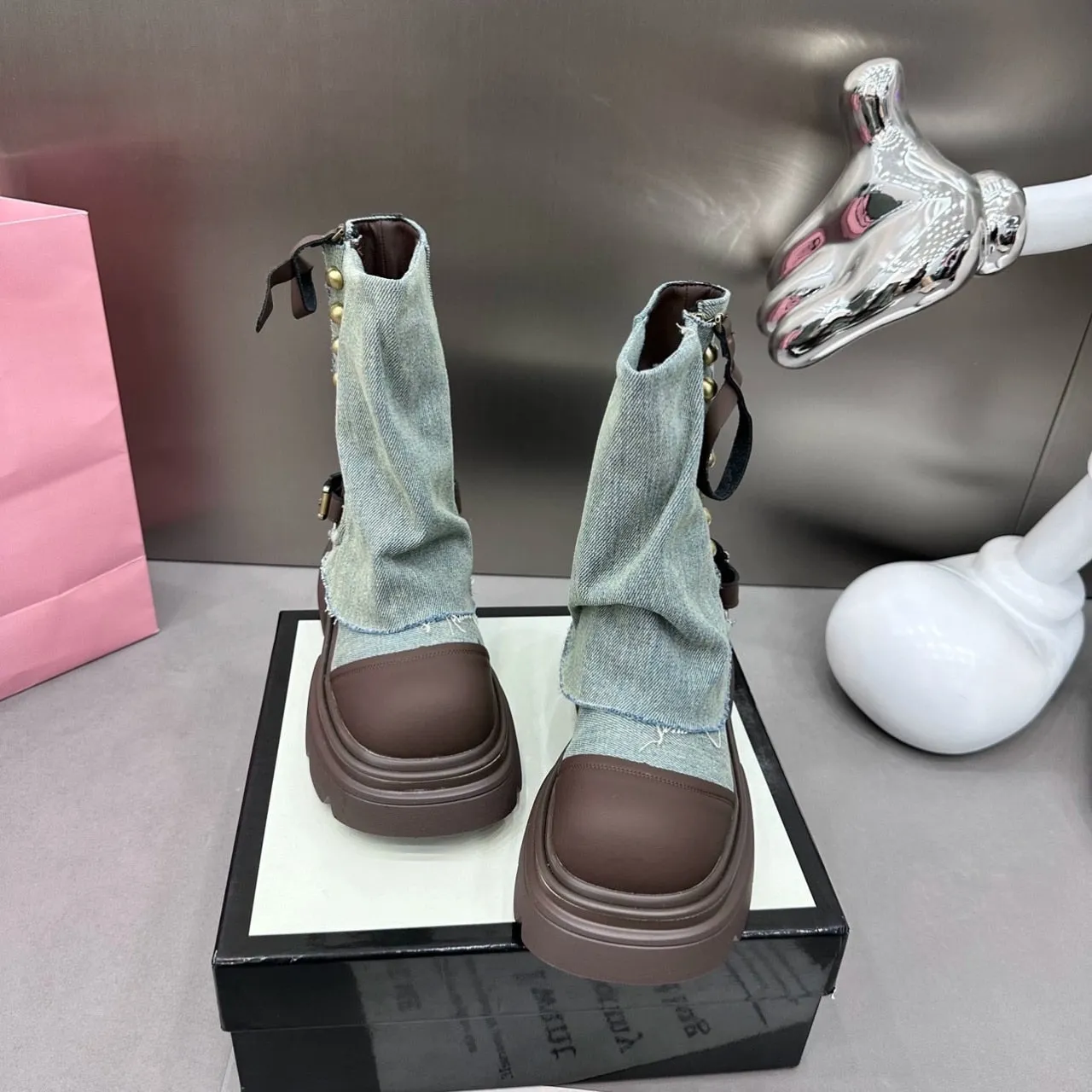 Joskaa New Luxury Chelsea Boots Winter Designer Women Ankle Boots Slip on Thick Bottom Platform Shoes Denim Boots Outfit