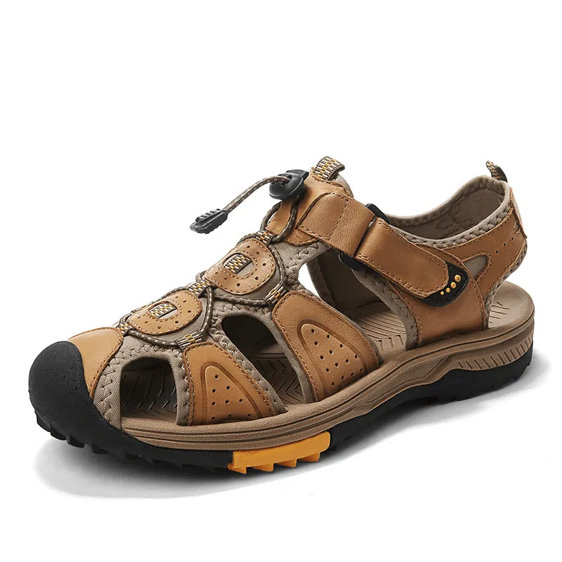 kkboxly kkboxly Men Cowhide Leather Non Slip Closed Toe Beach Casual Outdoor Sandals