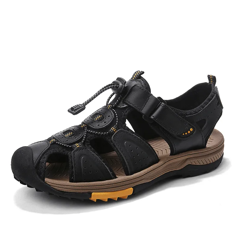 kkboxly kkboxly Men Cowhide Leather Non Slip Closed Toe Beach Casual Outdoor Sandals